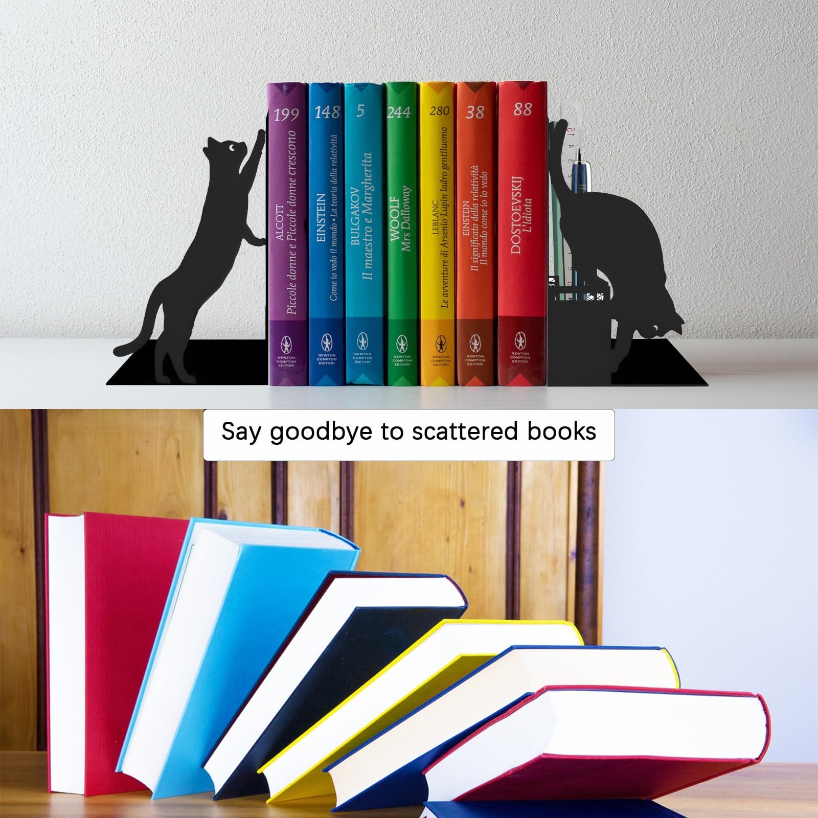 Cat Book Ends for Shelves, Metal Decorative with Pen Black