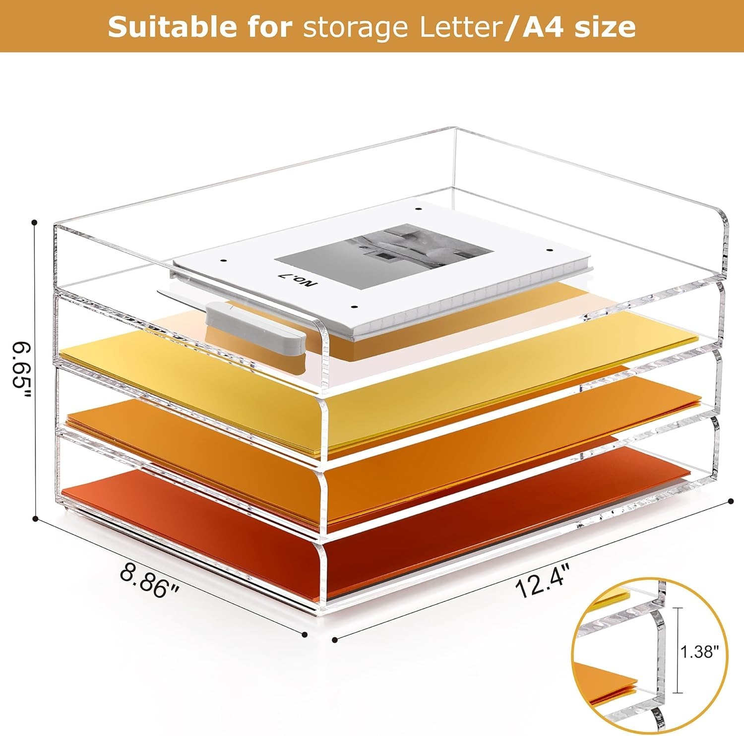 4 Tier Acrylic Stackable Letter Tray A4 Paper Organizer File Sorter Clear