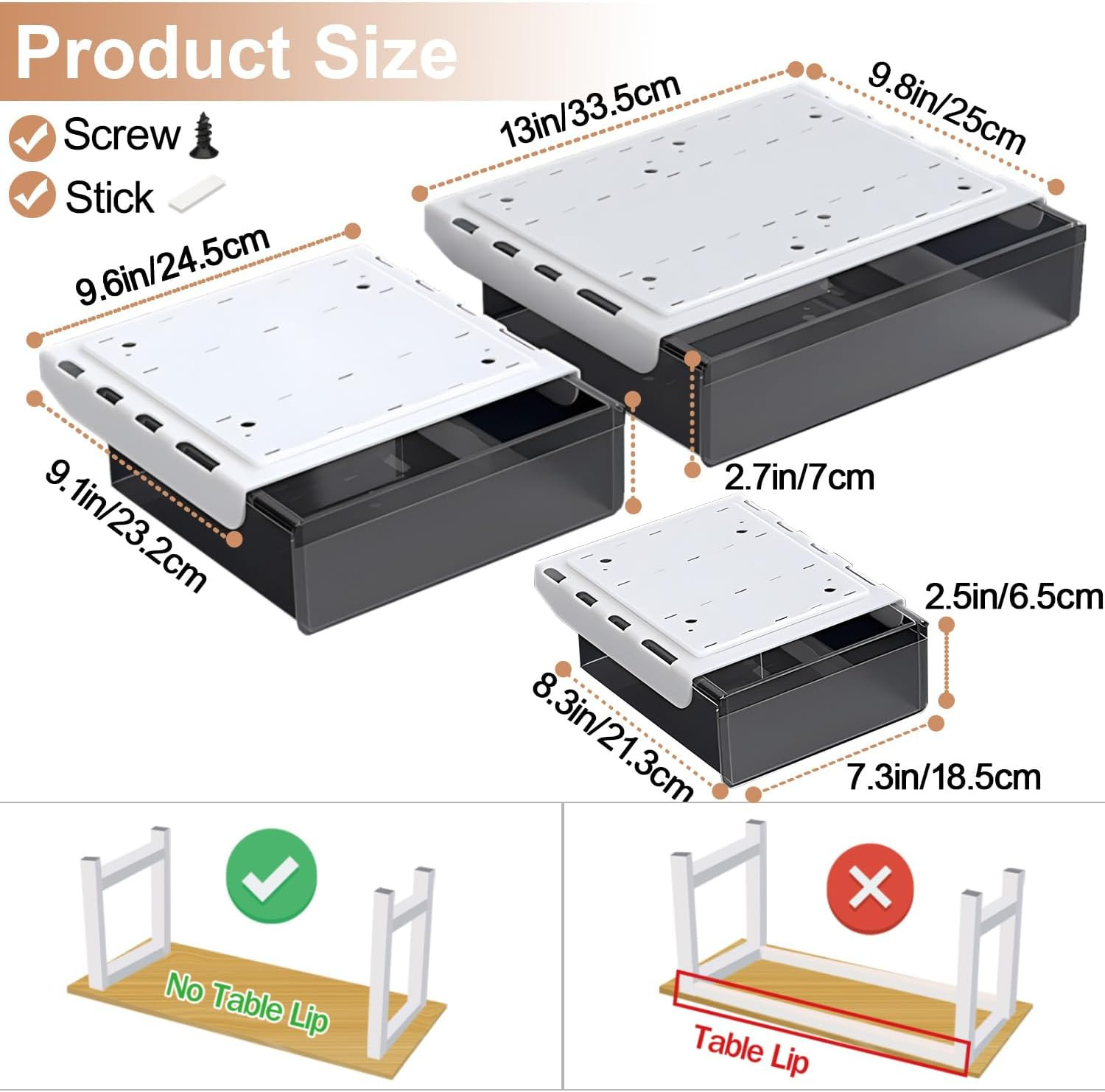 Under Desk Slide Out Drawer Organizer 3 Pack Large Medium Small SML
