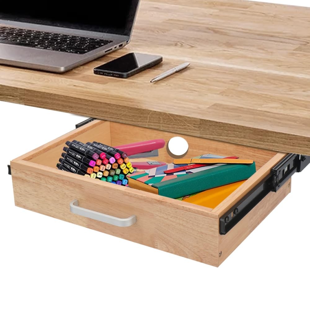 Under Desk Drawer Storage Organizer – Wooden Mounted Sliding Pull-out Wood