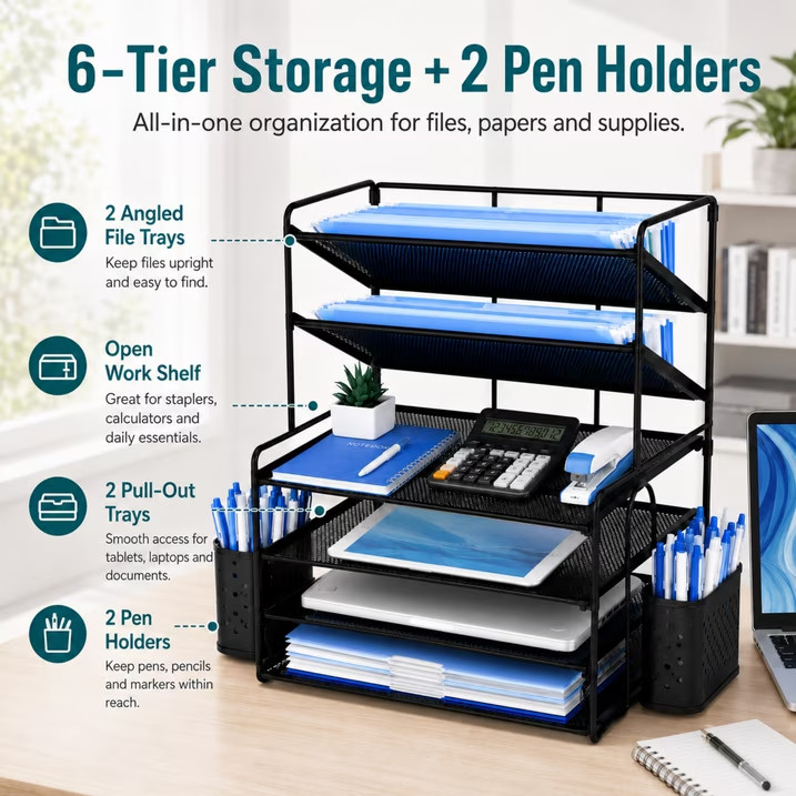 6 Tier Desk Organizer Metal Mesh Paper Document Letter File Tray Pen Holders Bla