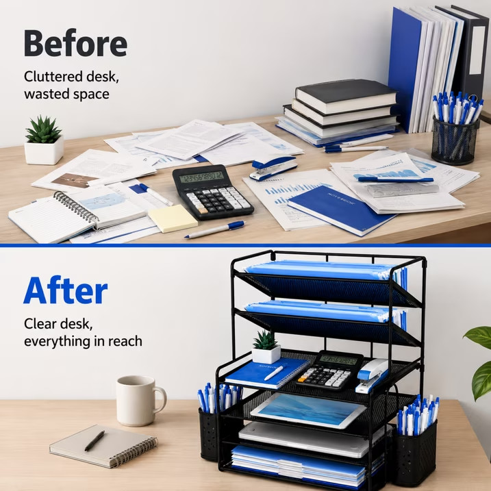 6 Tier Desk Organizer Metal Mesh Paper Document Letter File Tray Pen Holders Bla