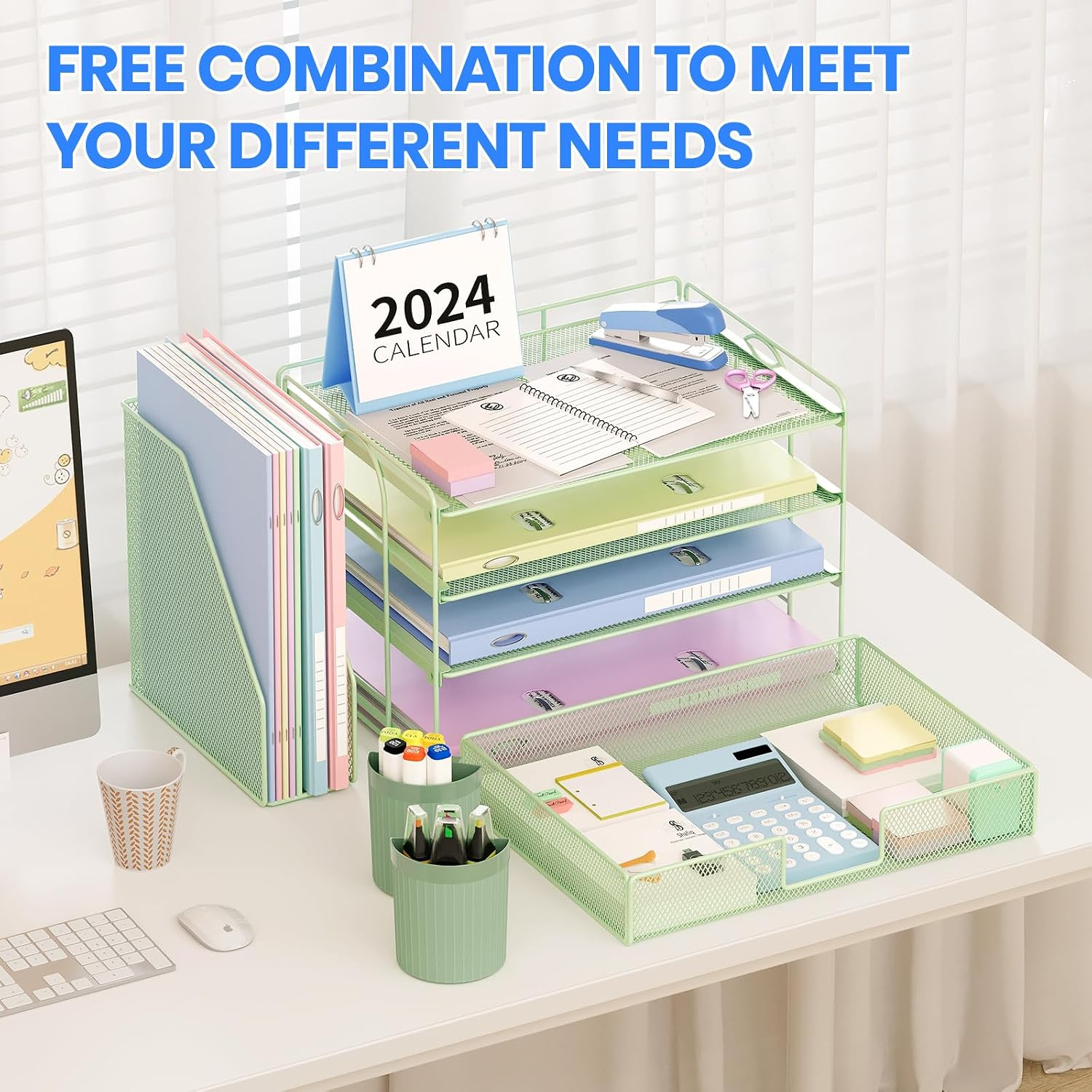 Desk Organizer, 4-Tier Desktop File Organizer with Drawer and 2 Pen Holders, Off