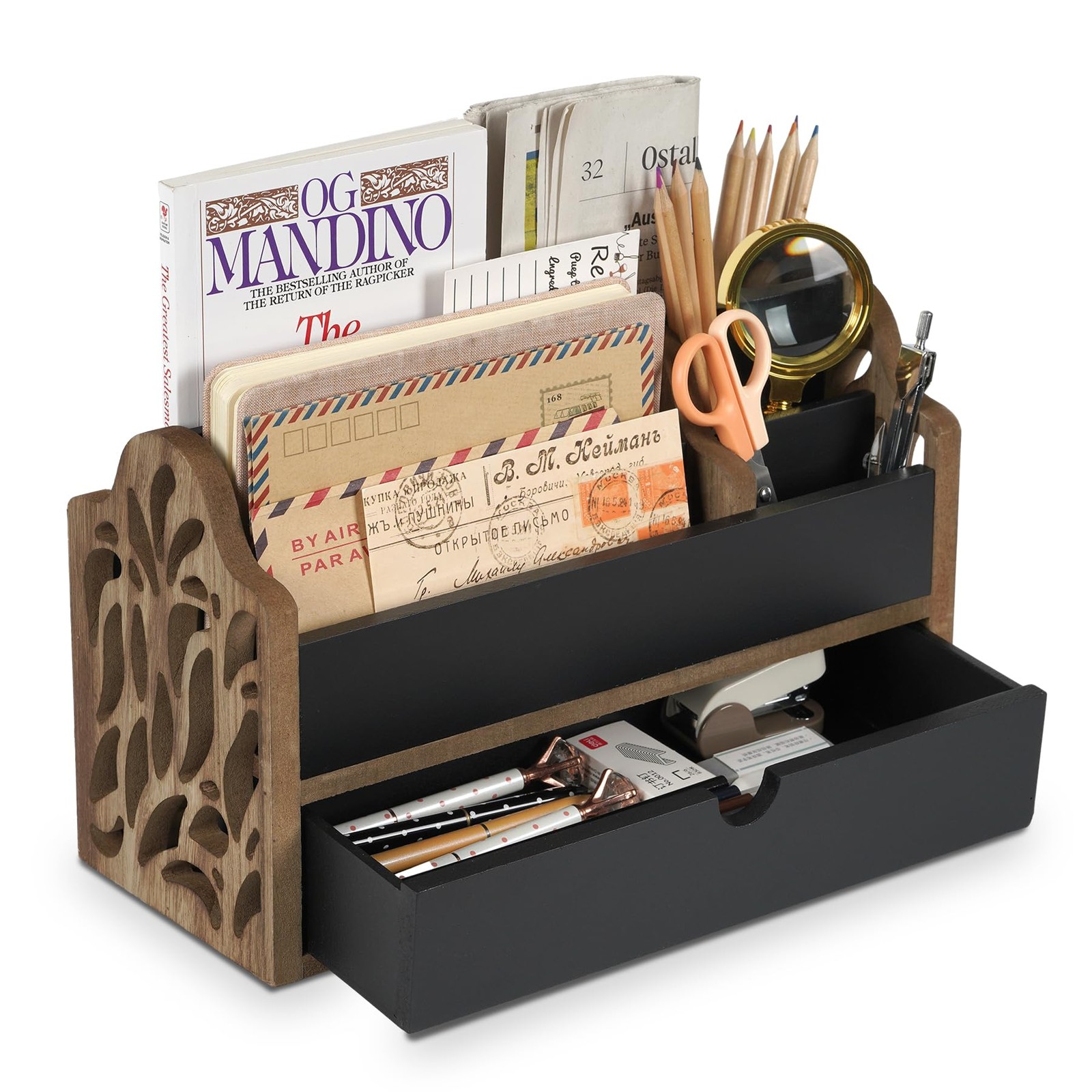 Desk Organizer with Drawer Wood File Office Mail Organizer Countertop-5 Slot …