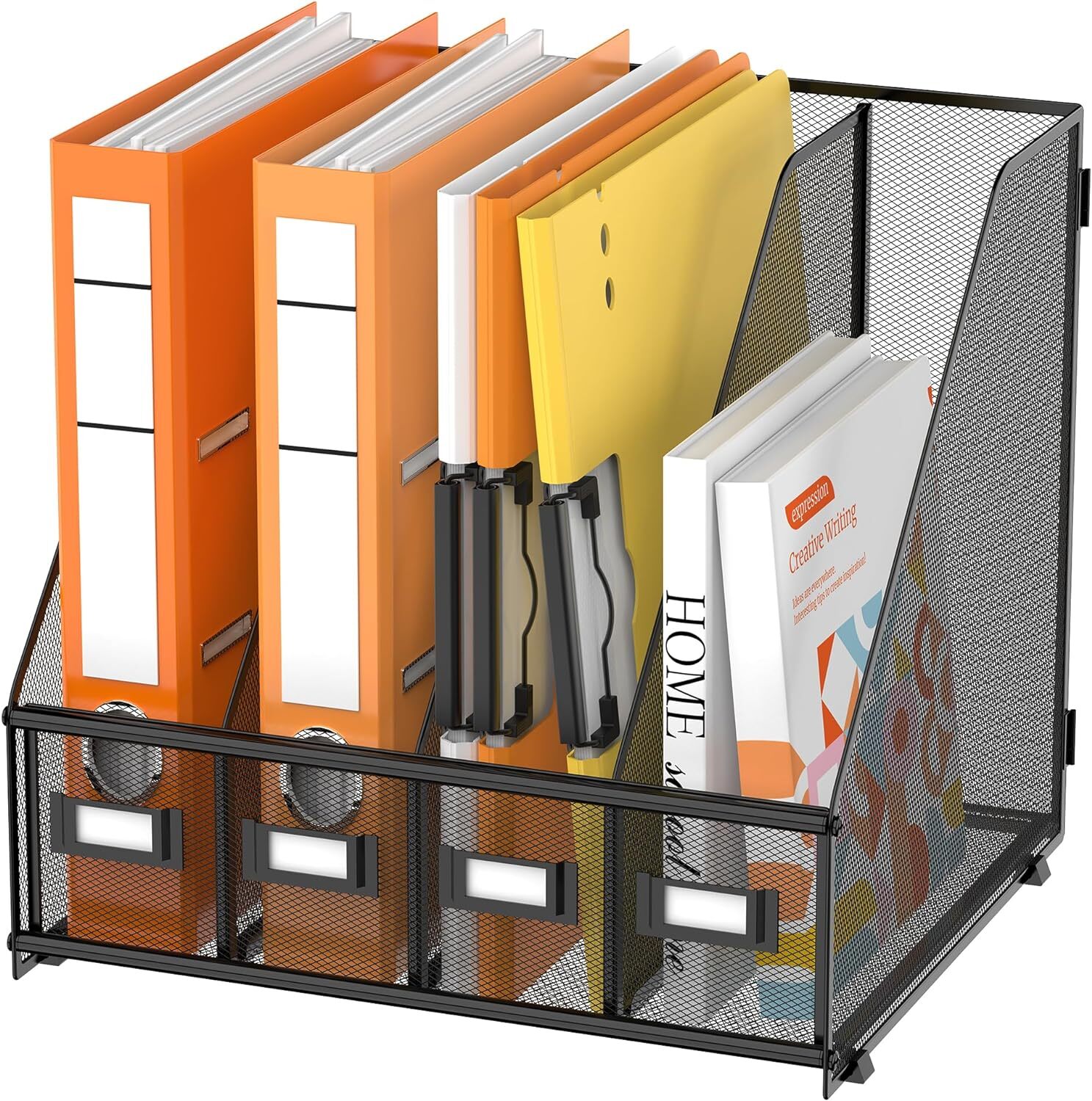 Magazine File Holder | 4-Compartment File Organizer for Desk – Metal 1 Black
