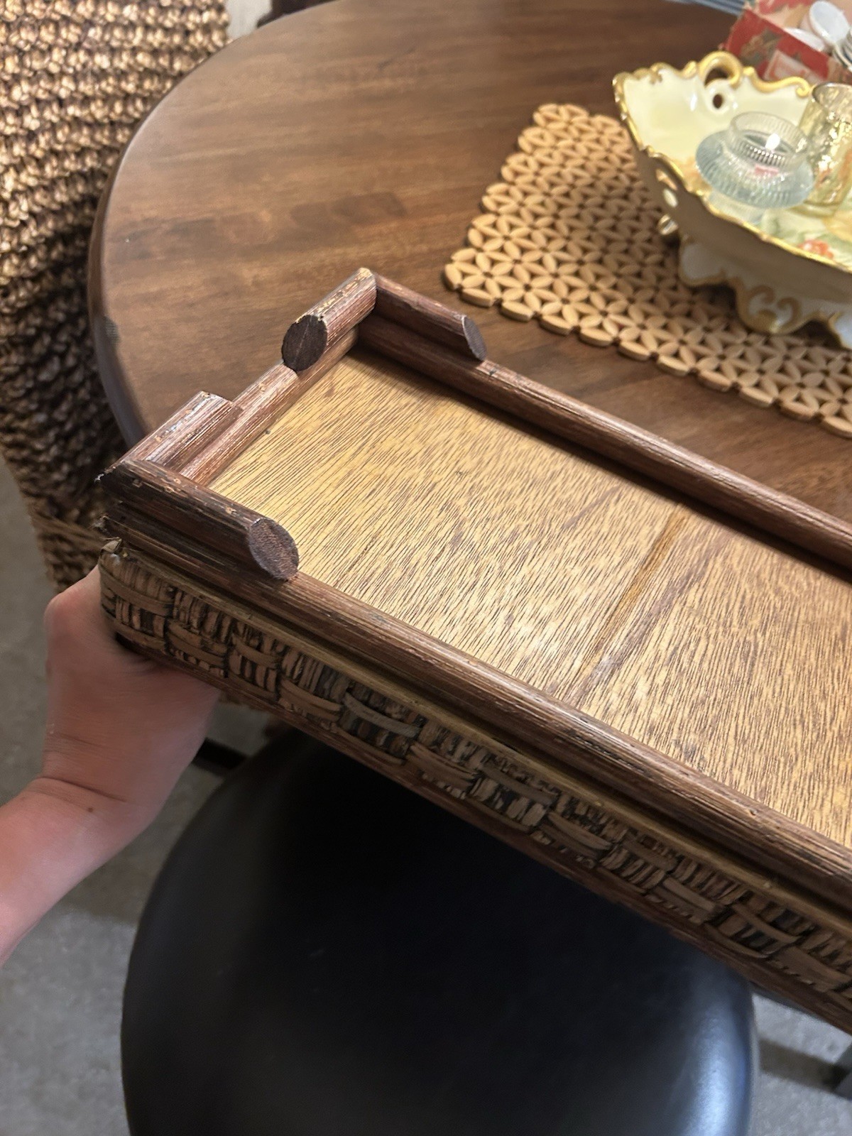 Vintage Wood & Woven Rattan Organizer Tray 4 Compartment Desk Caddy Rustic Boho