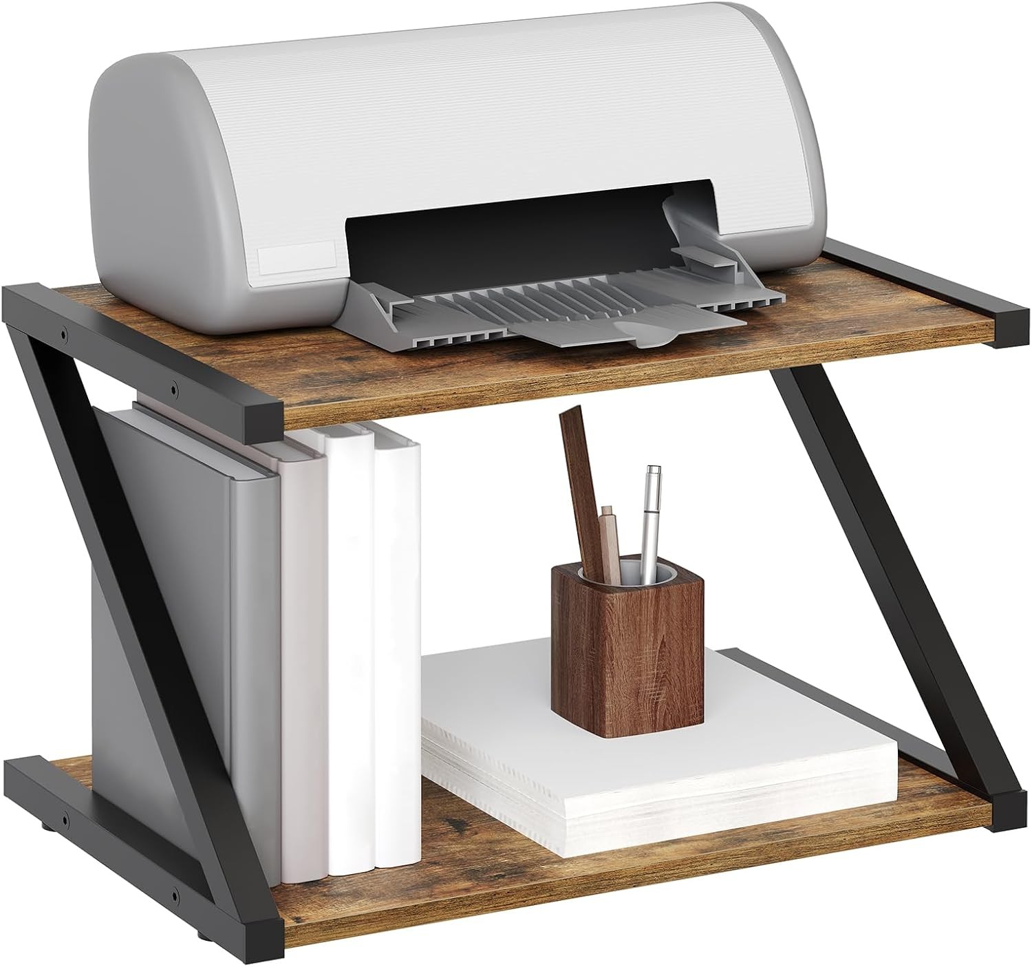 Desktop Printer Stand, 2-Tier Table with Rustic Brown and Black