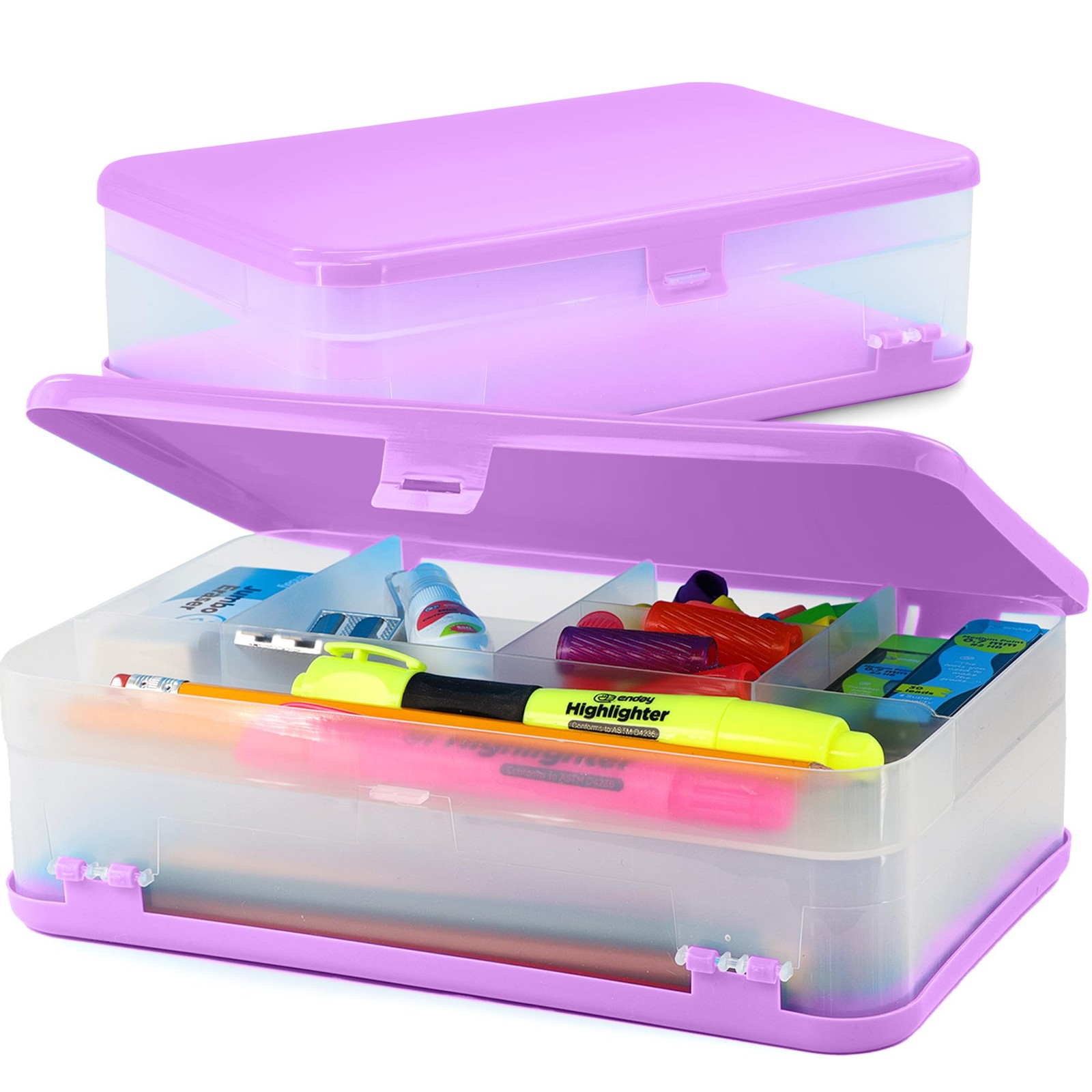 Large Capacity Double Deck Pencil Box – Purple Plastic With 12 Compartments, …