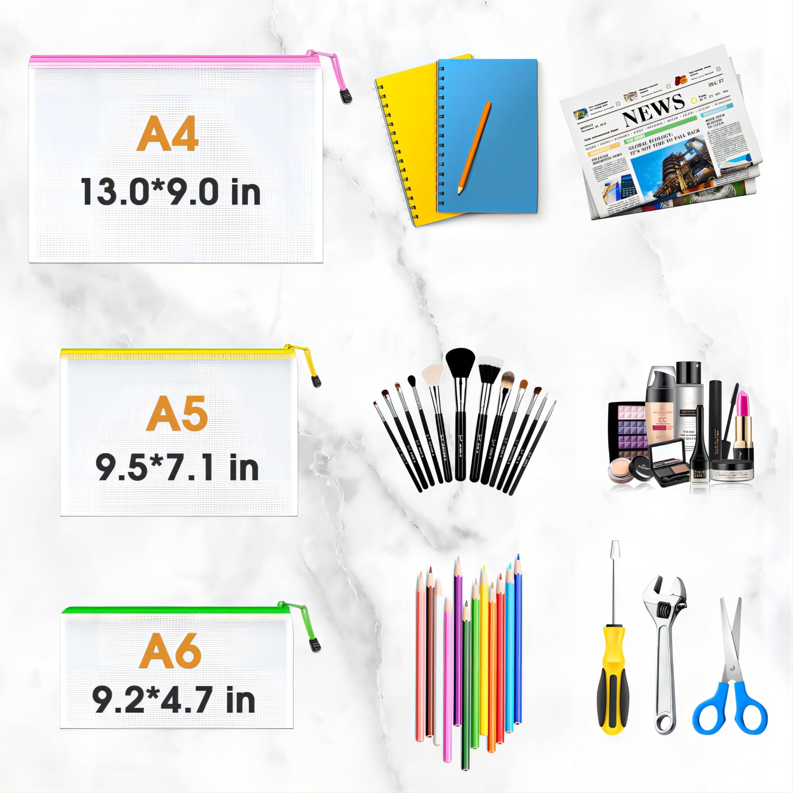 36 PCS A4 A5 A6 Mesh Zipper Pouch Bags 12 Colors Storage Office Supplies