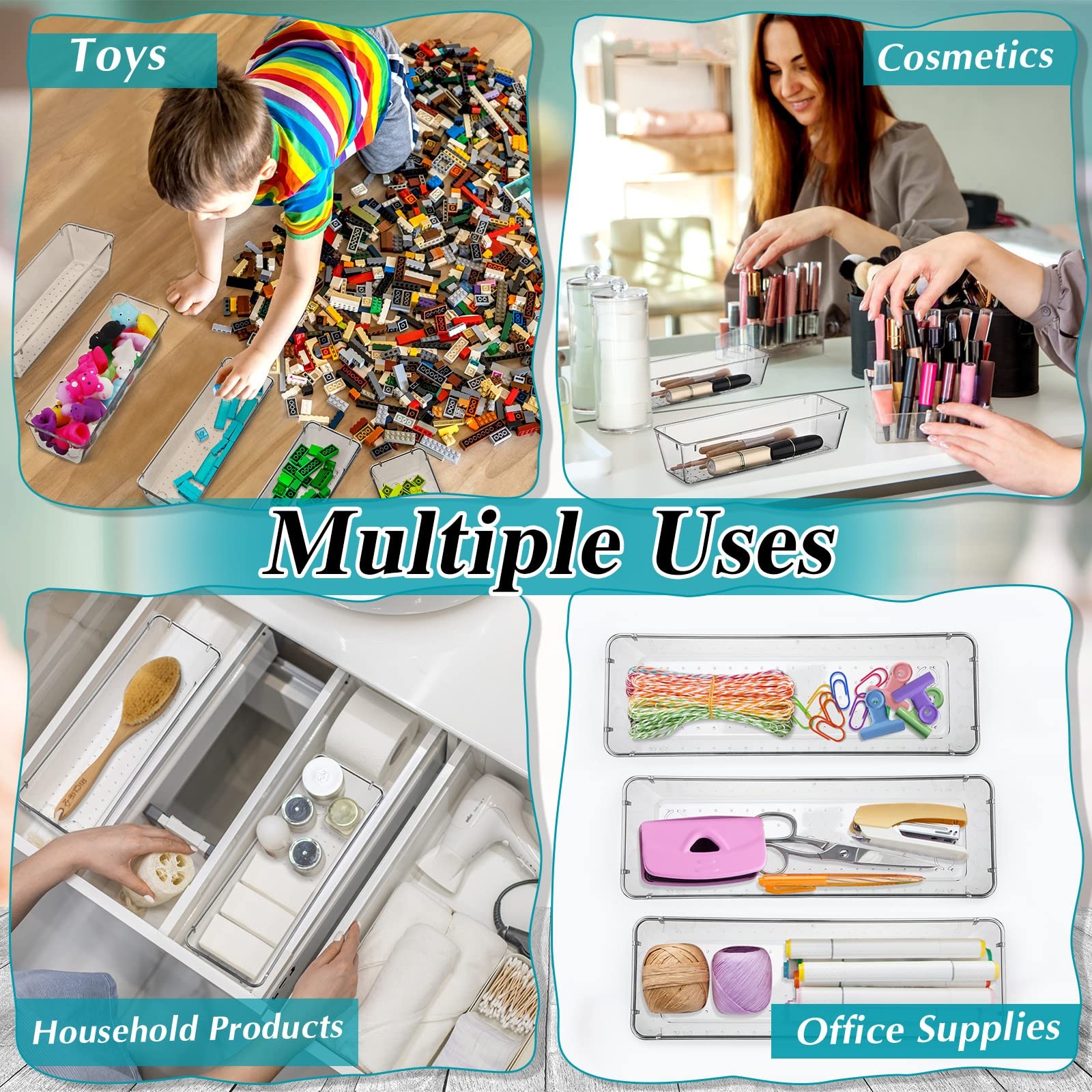 12 Pcs Clear Drawer Organizer 9 x 3 x 2 Inches Plastic Rectangle Trays Makeup…
