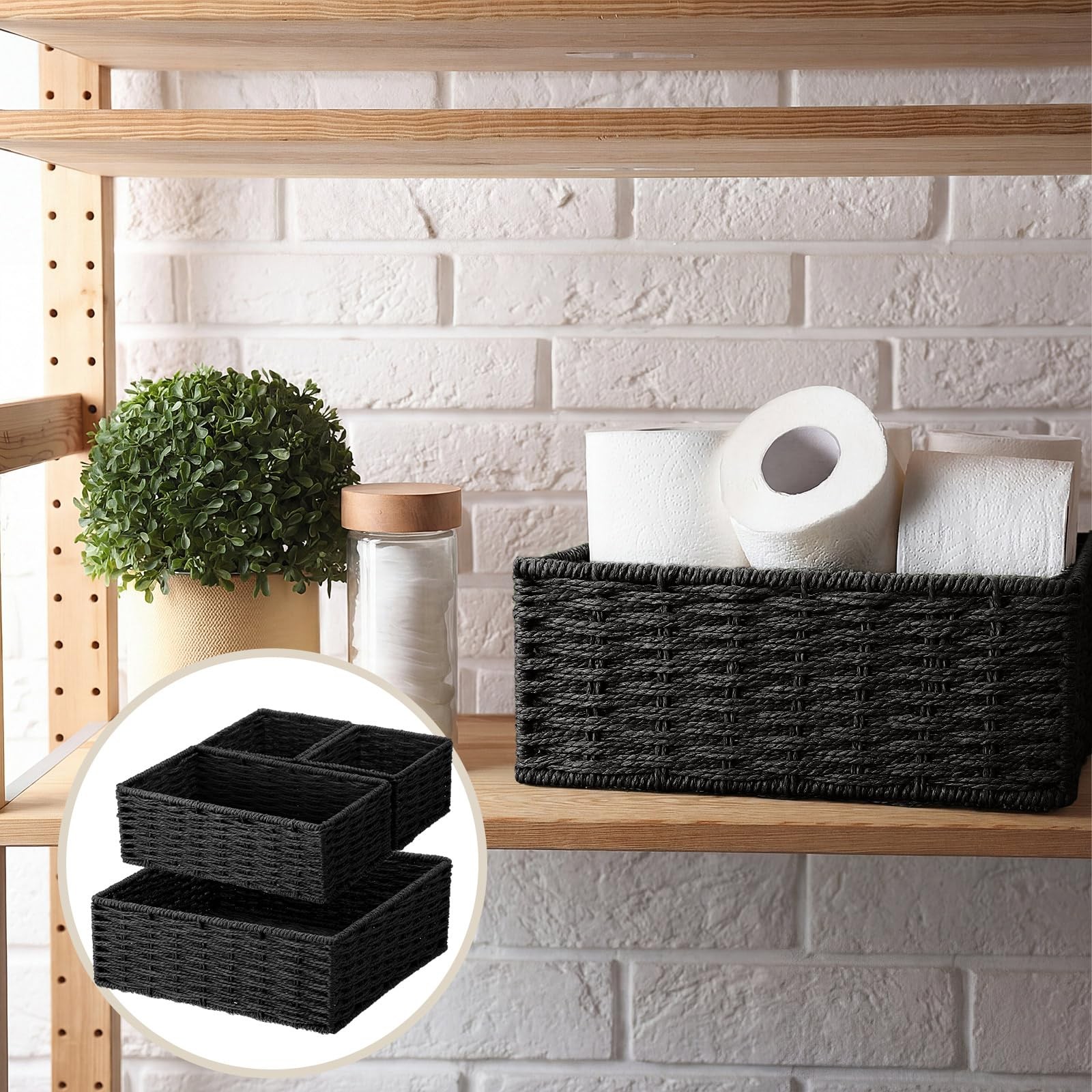 4 PCS Black Storage Baskets Rustic Paper Rope Woven Bin Decor 3 Sizes Set Home