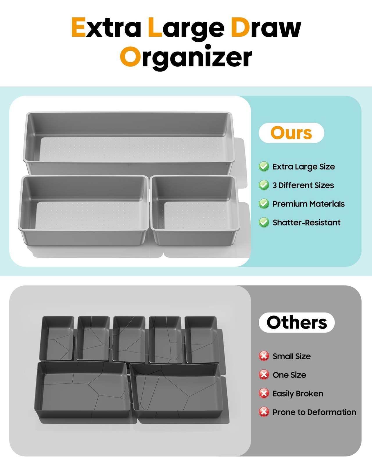 10 Pack Large Size Plastic Drawer Organizers Set, 3 Sizes Desk Drawer Organiz…