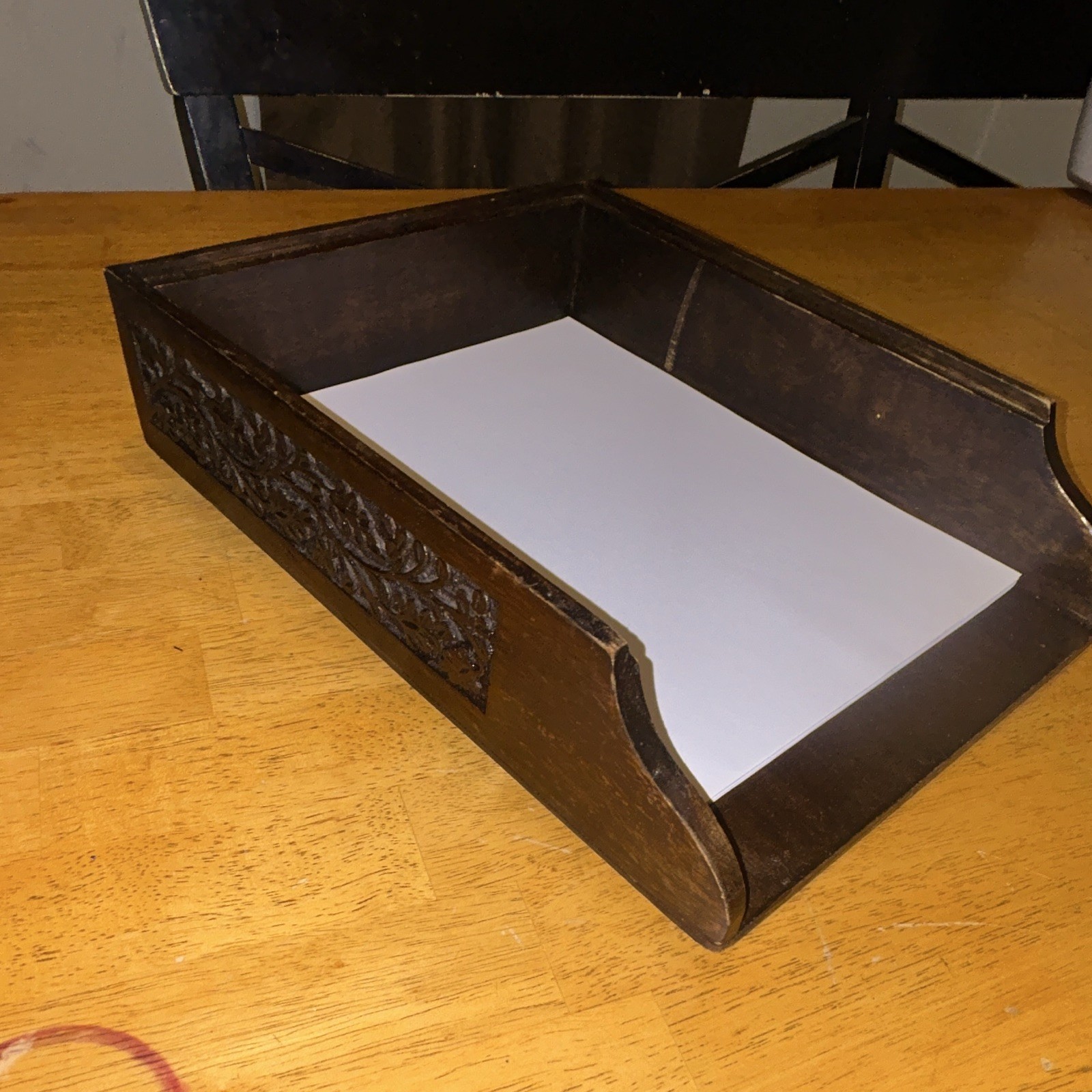 Wood Desktop Letter & Paper Tray Desk Organizer Letter Holder w/ Carved Design