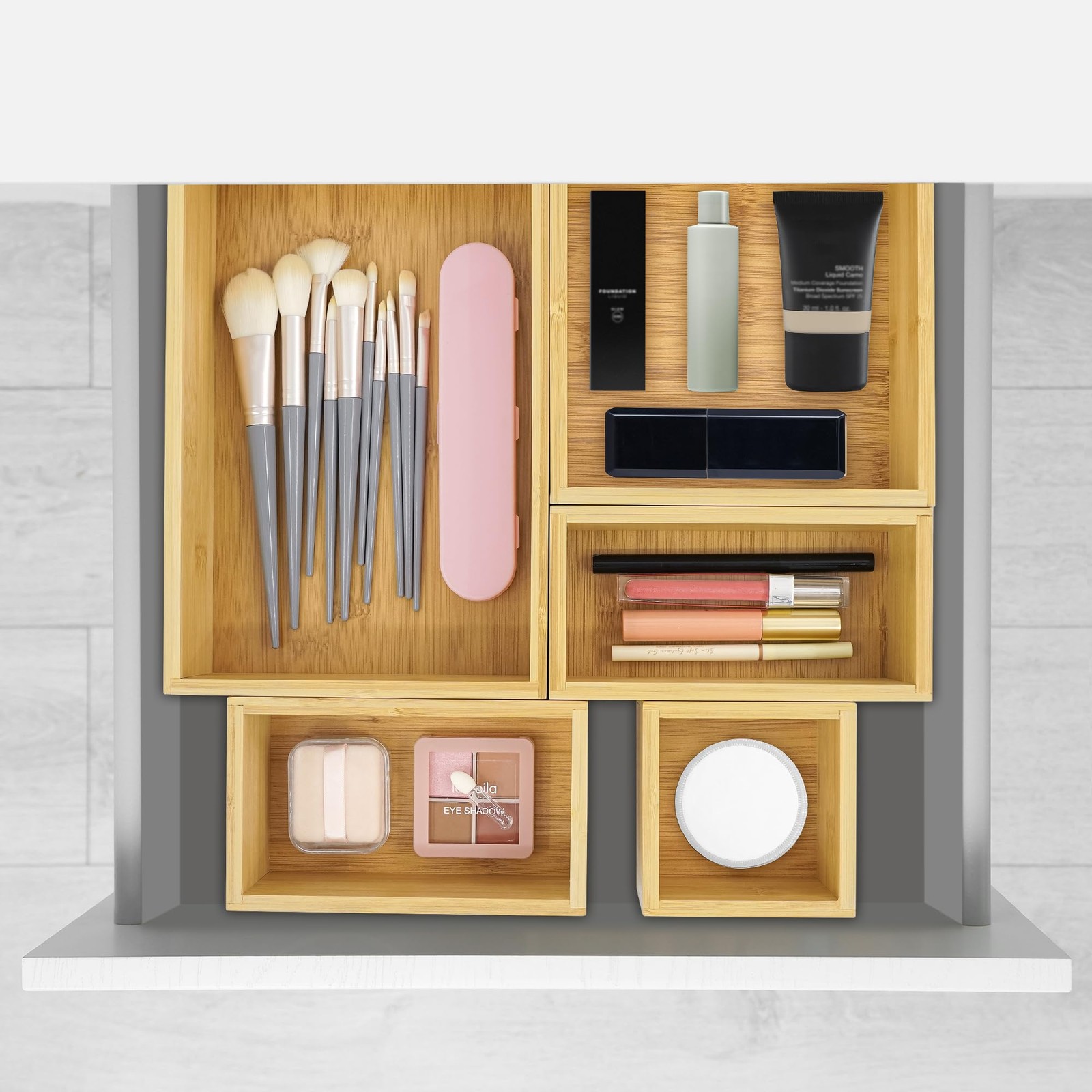 VaeFae 5 PCS Bamboo Drawer Organizers Set, 5-size Organizer Box, Natural
