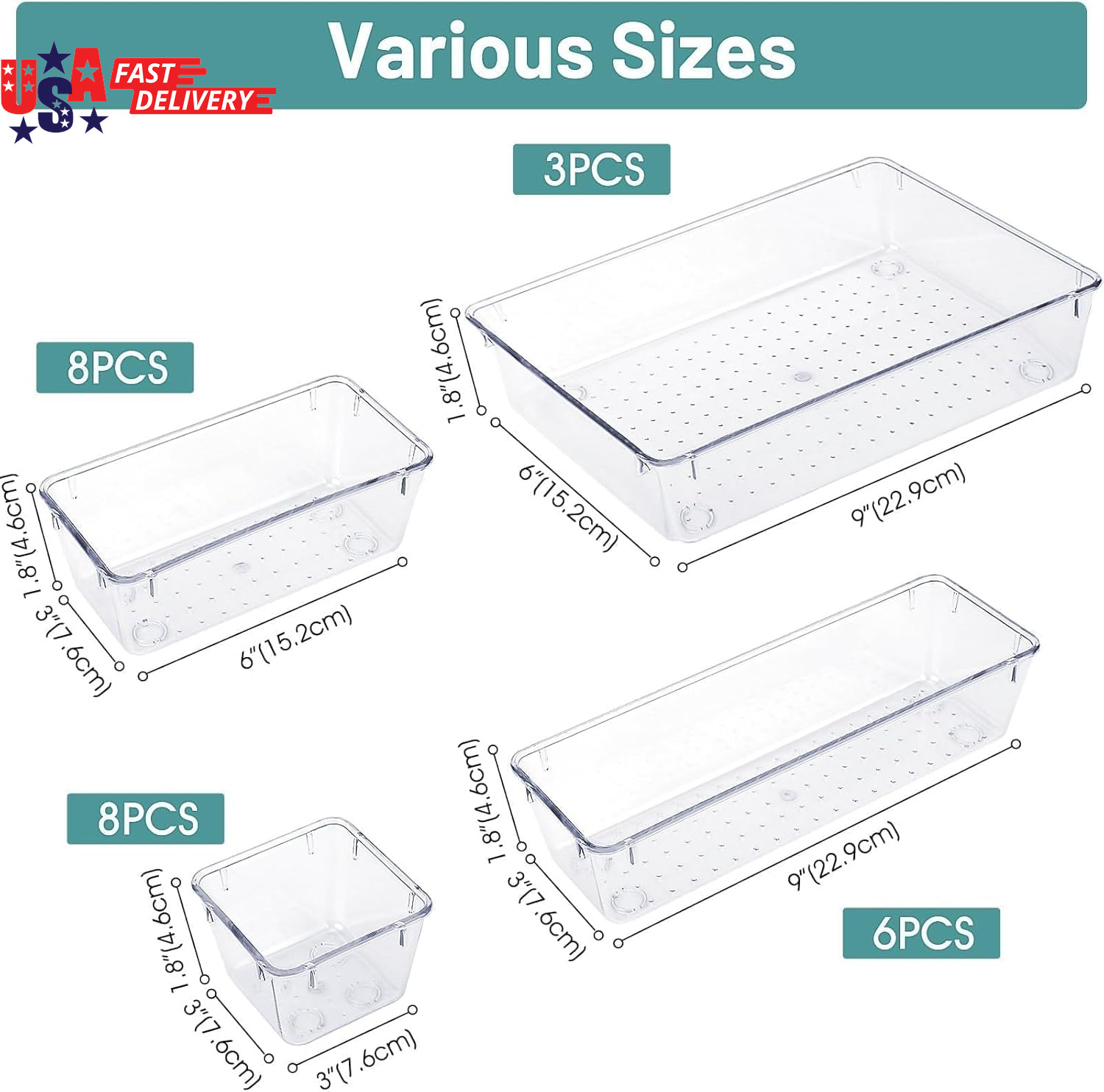 25 PCS Clear Plastic Drawer Organizer Set, 4 Sizes Desk Drawer Divider Organizer