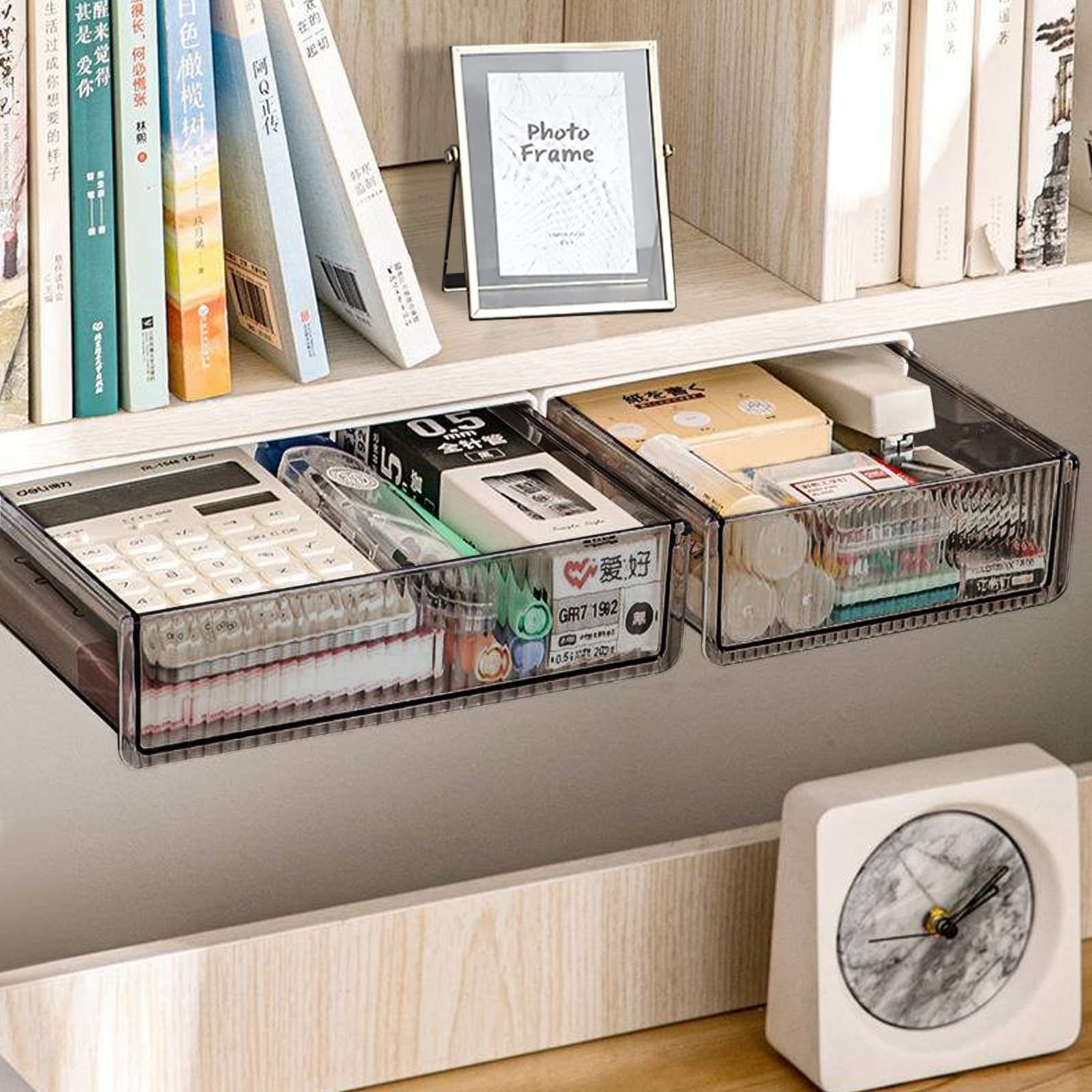 2Pcs Under Desk Storage Drawers Slide Large+Medium, Black Clear (Tape Mount)