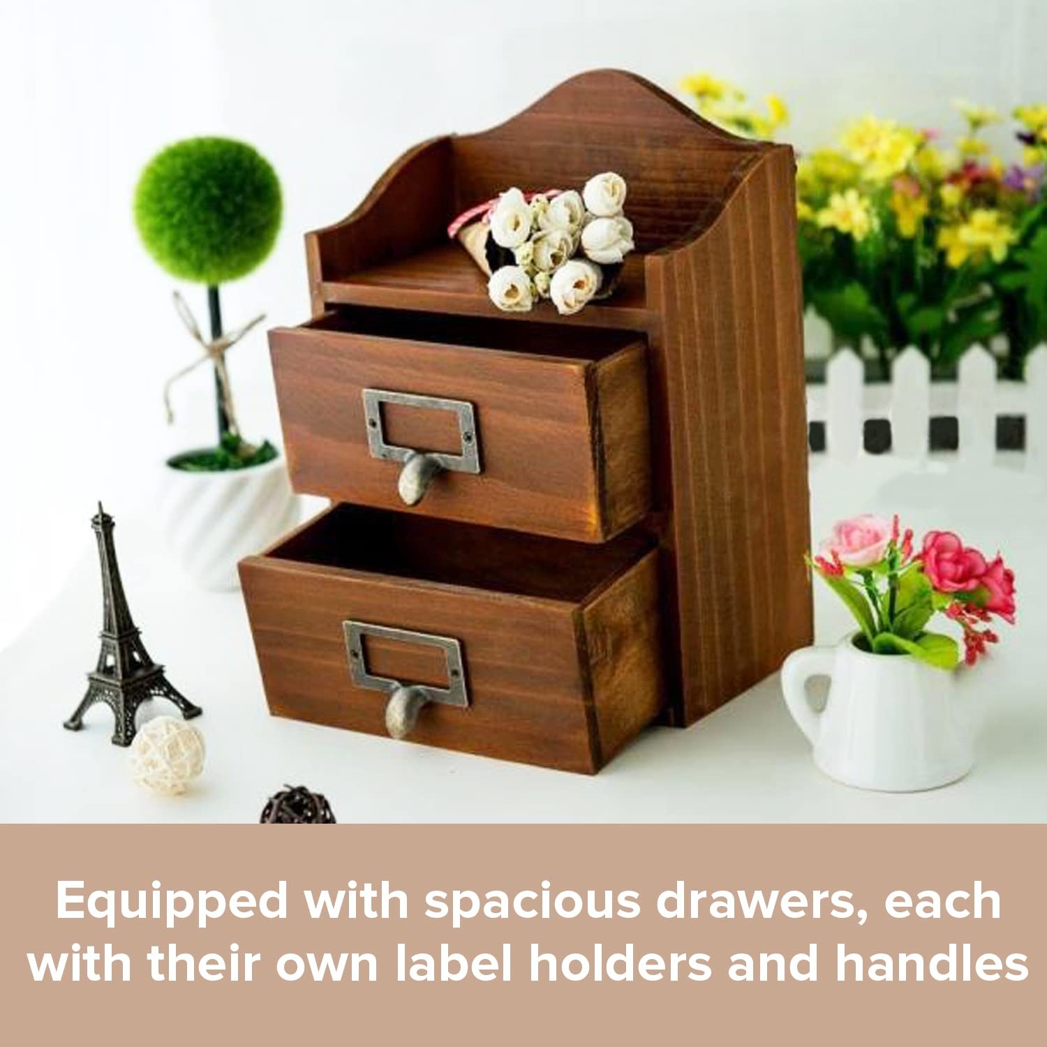 Mini Vintage 2 Drawer Desktop Organizer – Rustic Card Catalog 2 Drawer, Brown