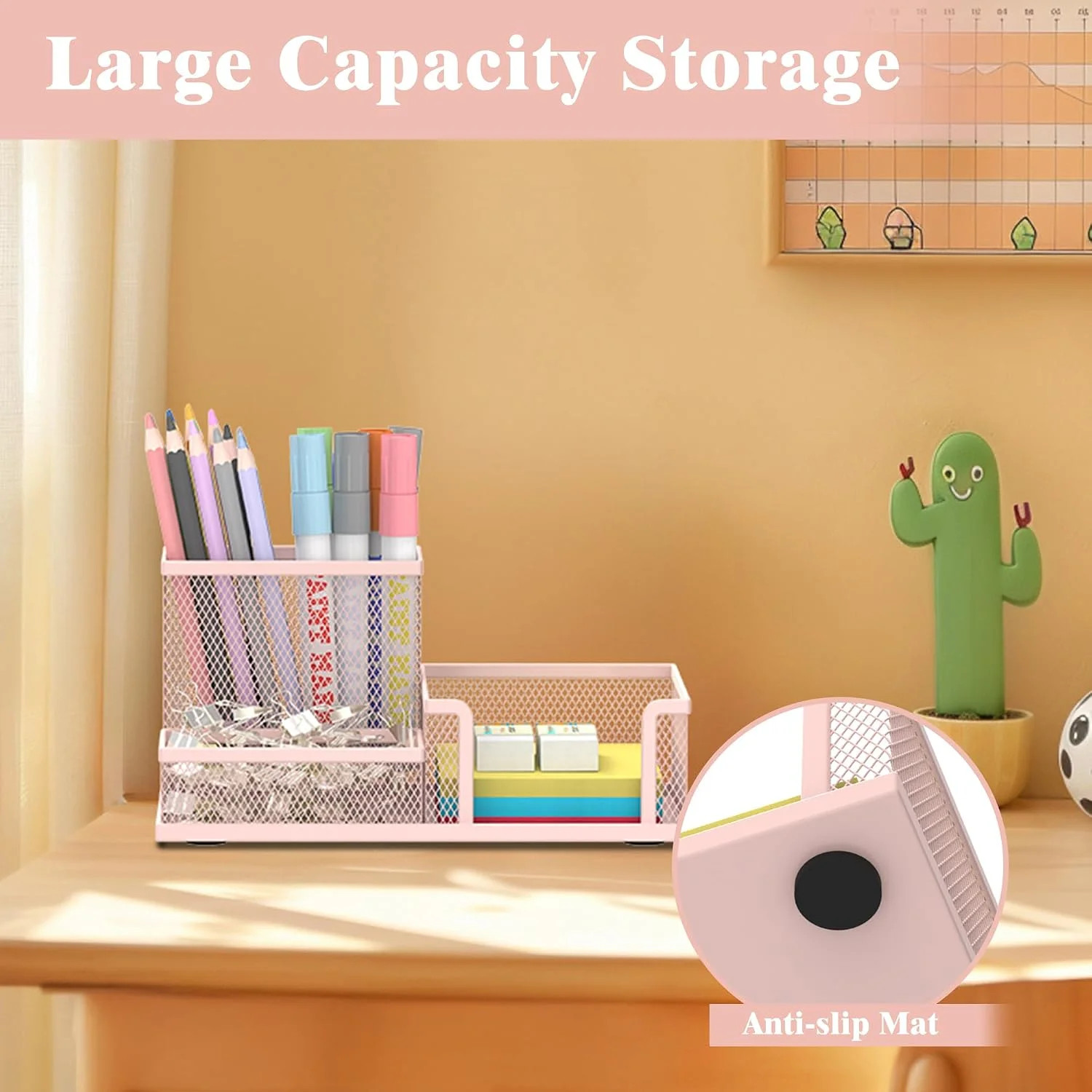 Mesh Pen Holder Desk Organizer, Office Supplies Pencil Storage with 3 Compartmen