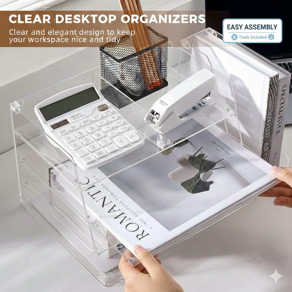 , Acrylic Desk Organizer – 4-Tier Tray with Vertical File Holder for Books, S…