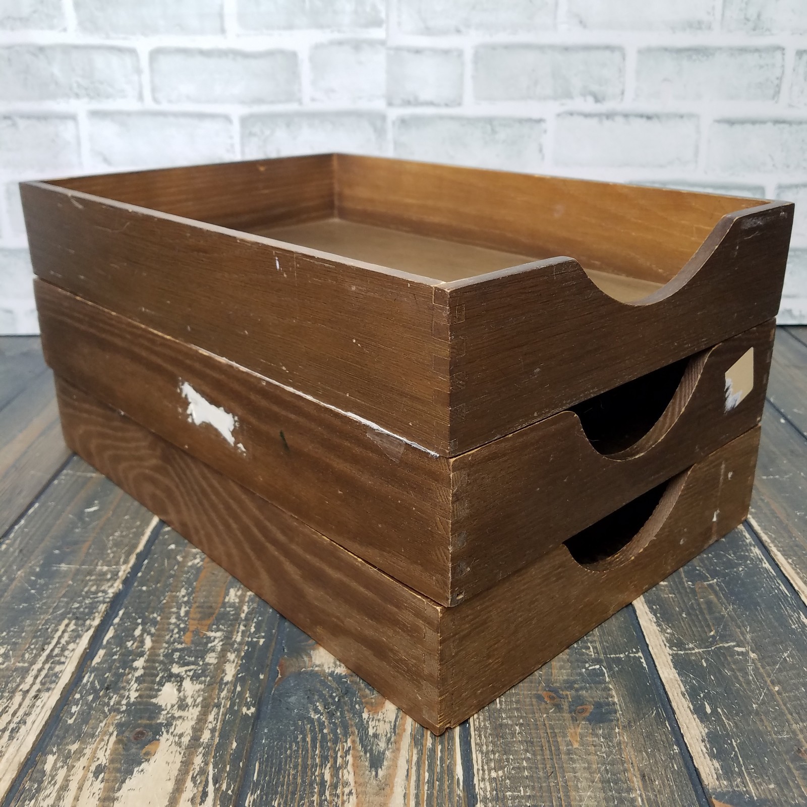 LOT 3 Vintage Wood Desk LEGAL Organizer Tray Dovetail Wood Office In Out Box #32