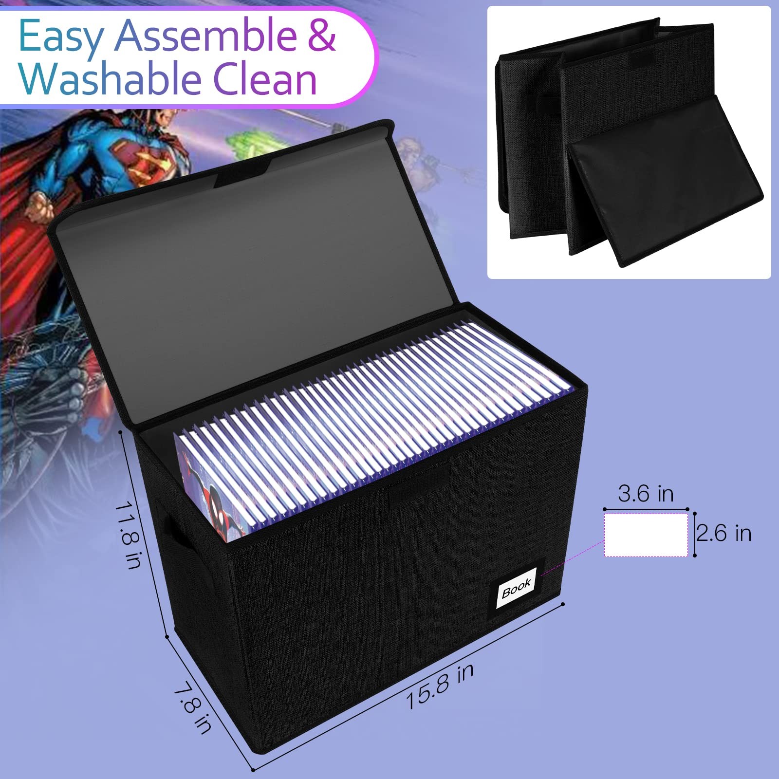 YNSZAS Comic Book Storage Box 15.8″ X 7.8″ X 11.8″, Collapsible 1pcs, Black