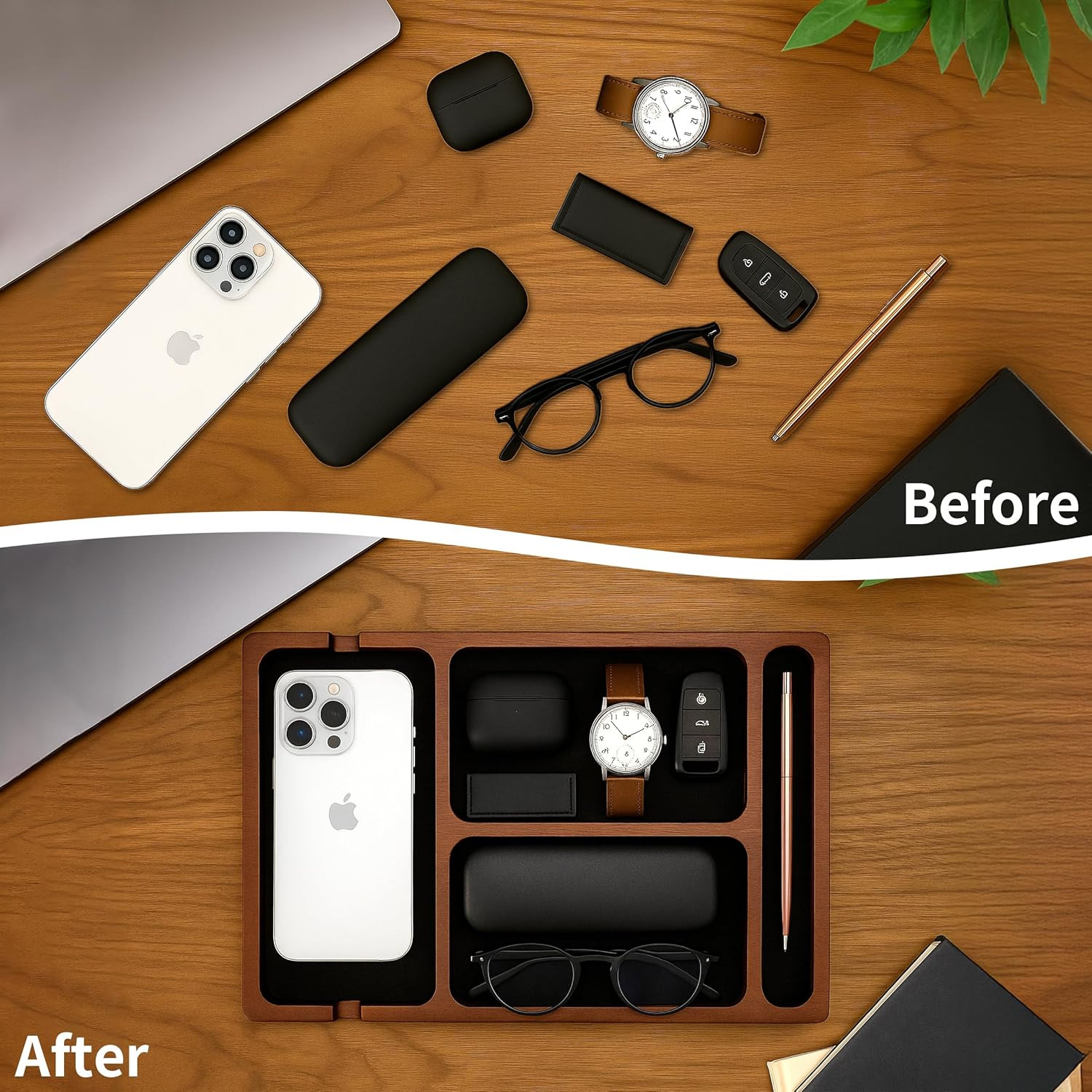 Valet Tray, Multi-Space Acacia Wood Leather Surface Desk Organizer Tray with Cha