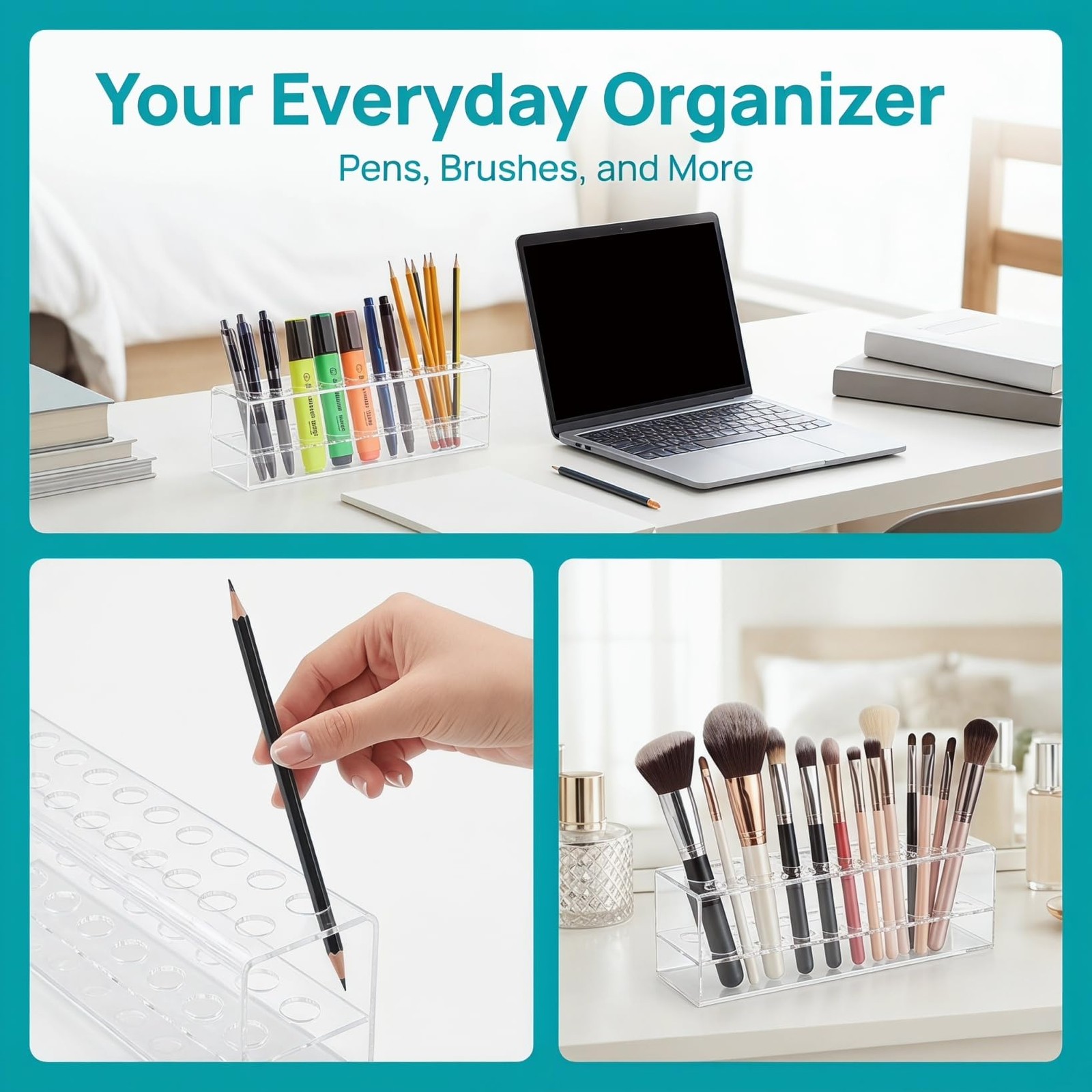 Acrylic Pen Holder Stand Clear Desk Organizer with 24 Slots, Pencil Marker Cr…