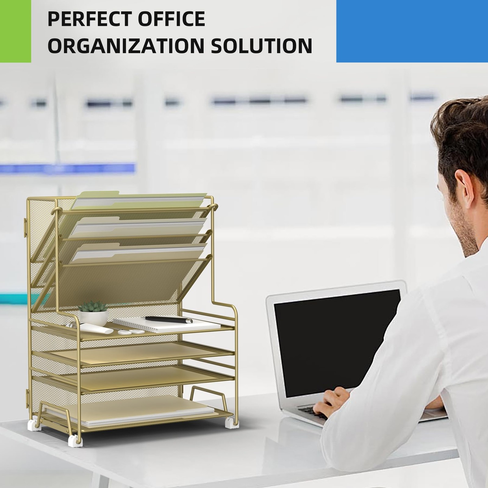 Gold 4Tier Paper Organizer 3Pocket Desktop File Holder Drawer Pen Rack
