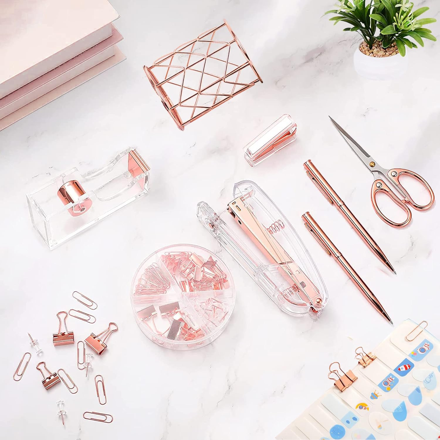 Rose Gold Desk Accessories，Office Supplies Set Acrylic Stapler Set Staple Remove