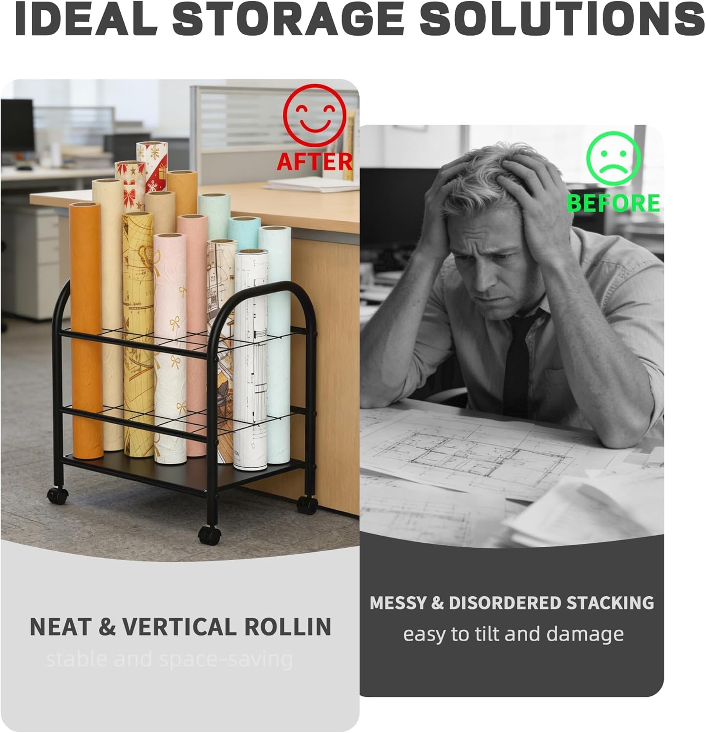 Blueprint Storage Holder W/ Wheels – 20-Slot Metal Roll File Rack