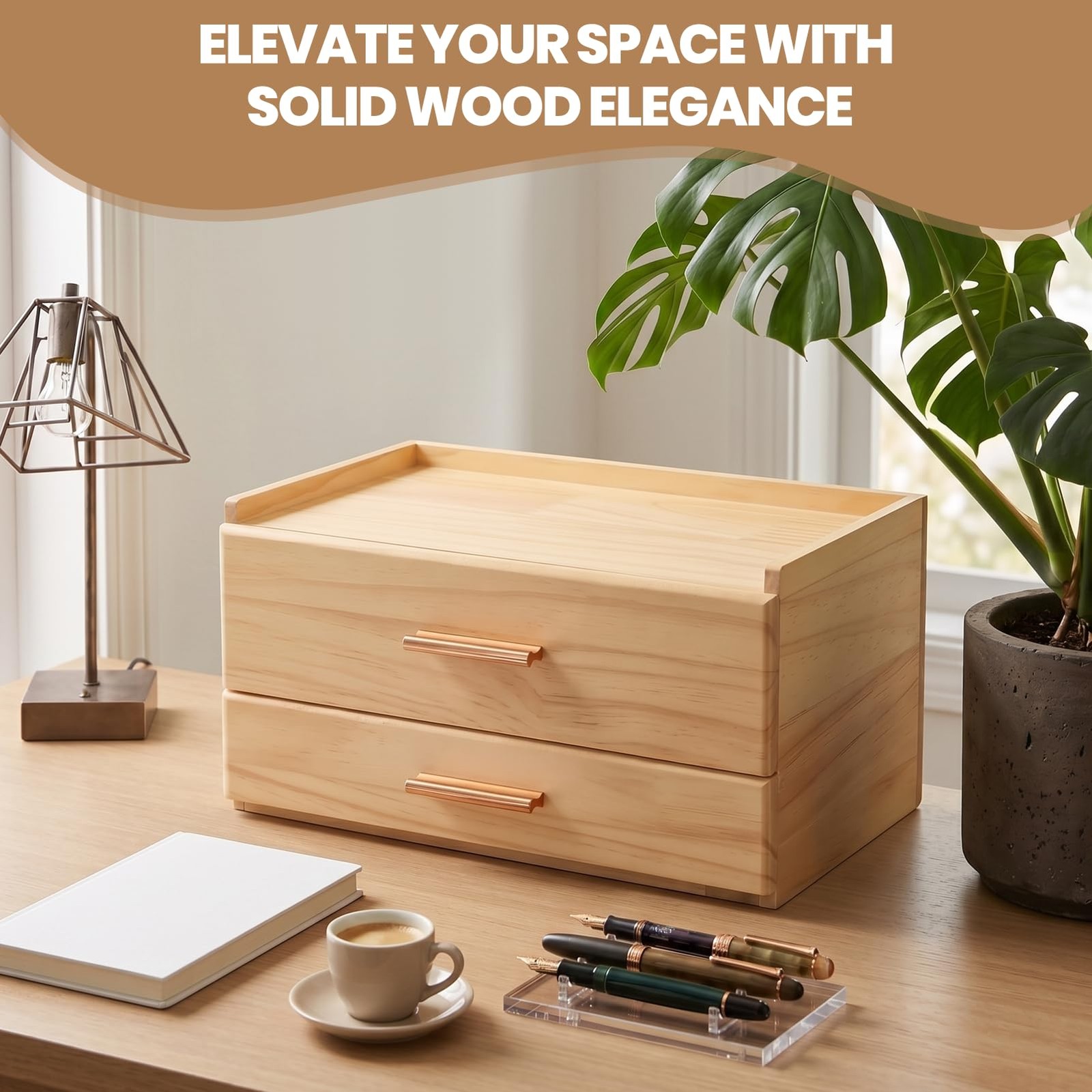 MEKOTRIN Wooden Tea Box Organizer, Double-Drawer #312, Natural Wood Color