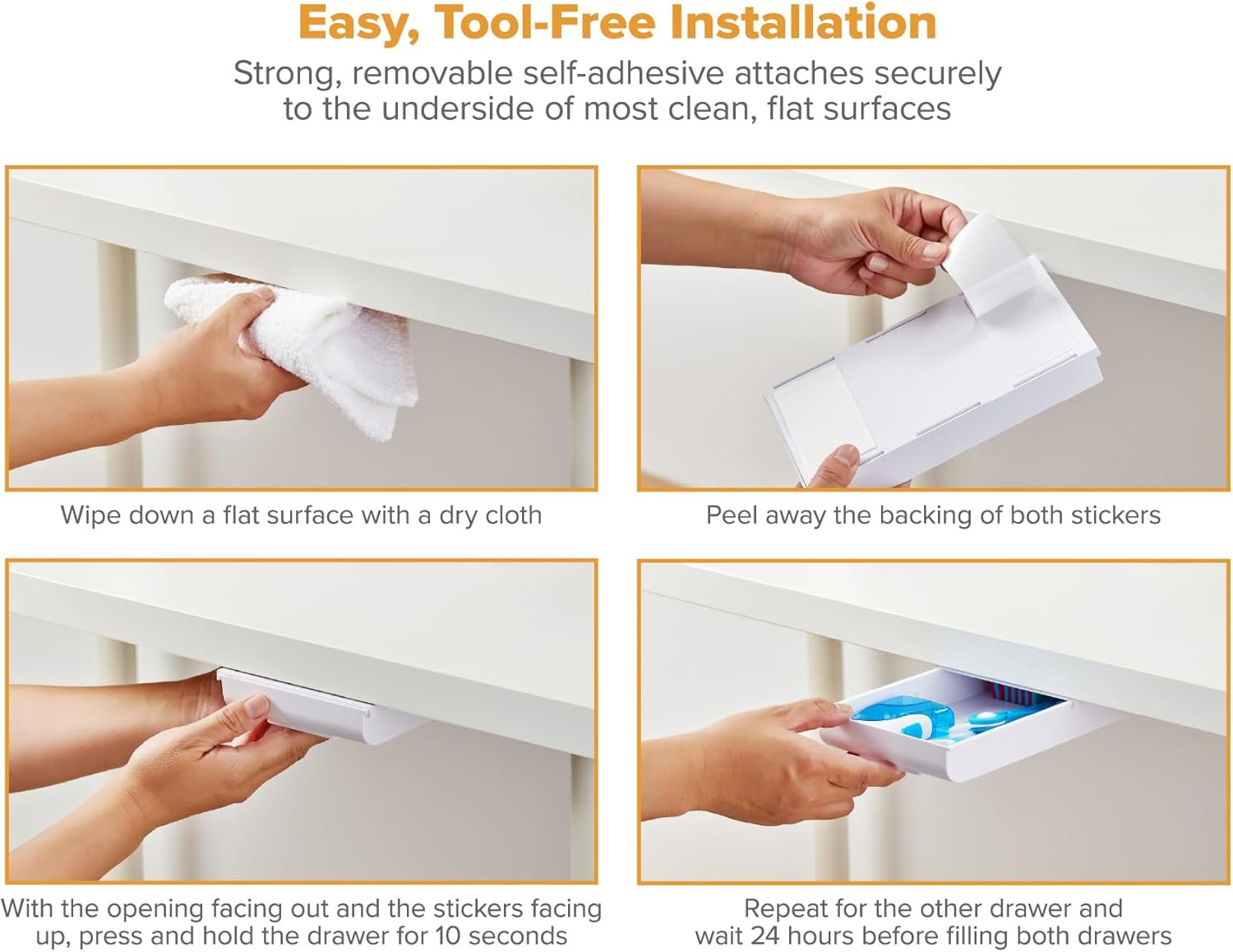 Konnect under Desk Drawer, Self-Adhesive Slide Out Storage Organizer with 4 Cust