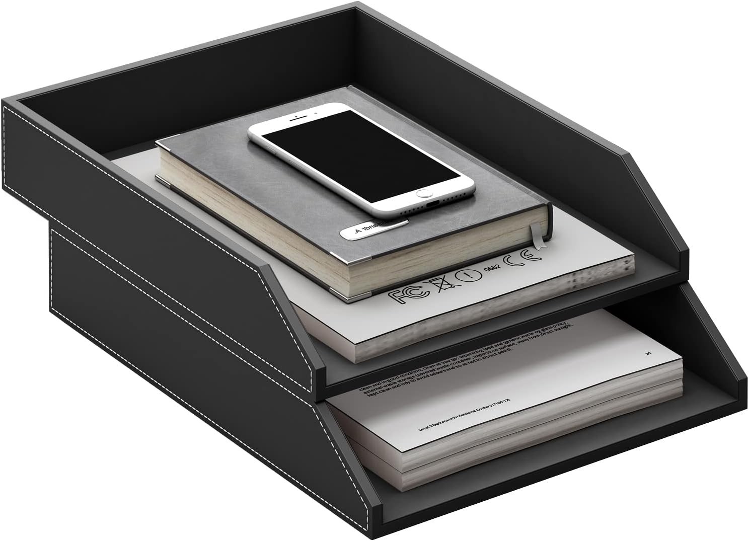 Elegant Black Leather Letter Tray – Stackable Desk Organizer for Office Supplies