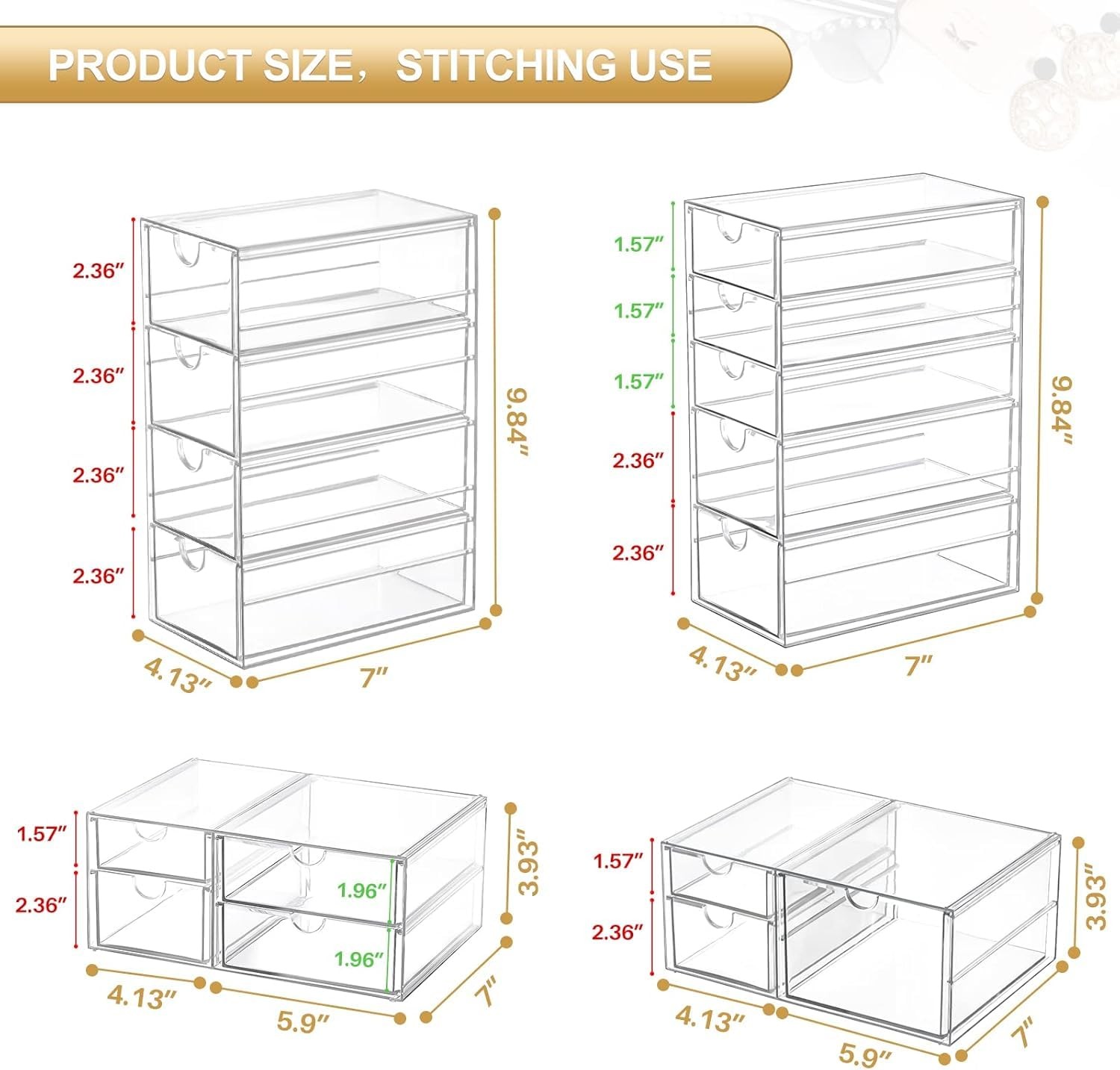caktraie Makeup Organizer Storage With 16 Drawers, 4 Pcs 16 Clear