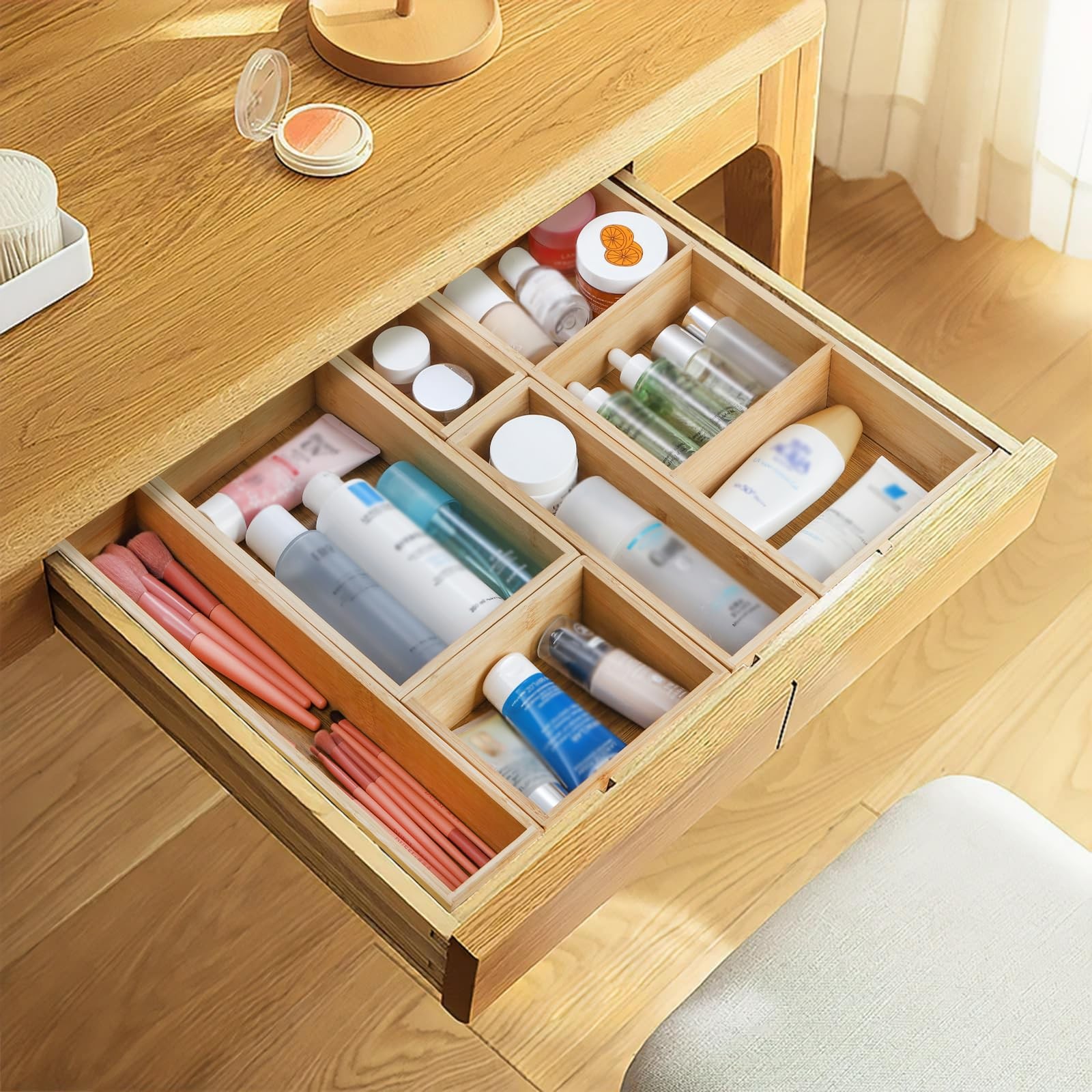 Youeon Set of 6 Bamboo Drawer Organizer Storage Box, Adjustable Natural