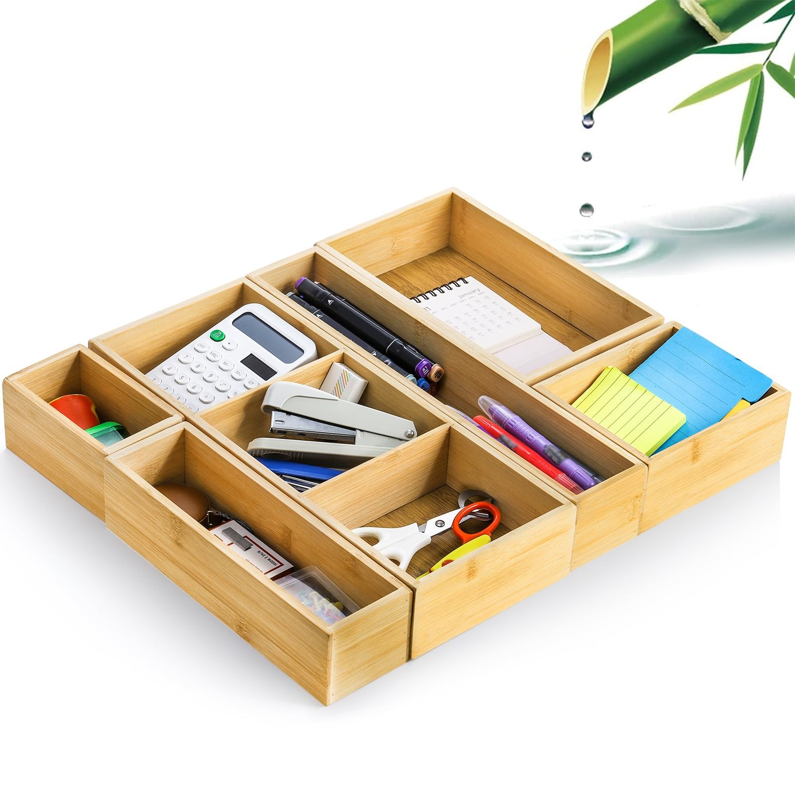 Youeon Set of 6 Bamboo Drawer Organizer Storage Box, Adjustable Natural