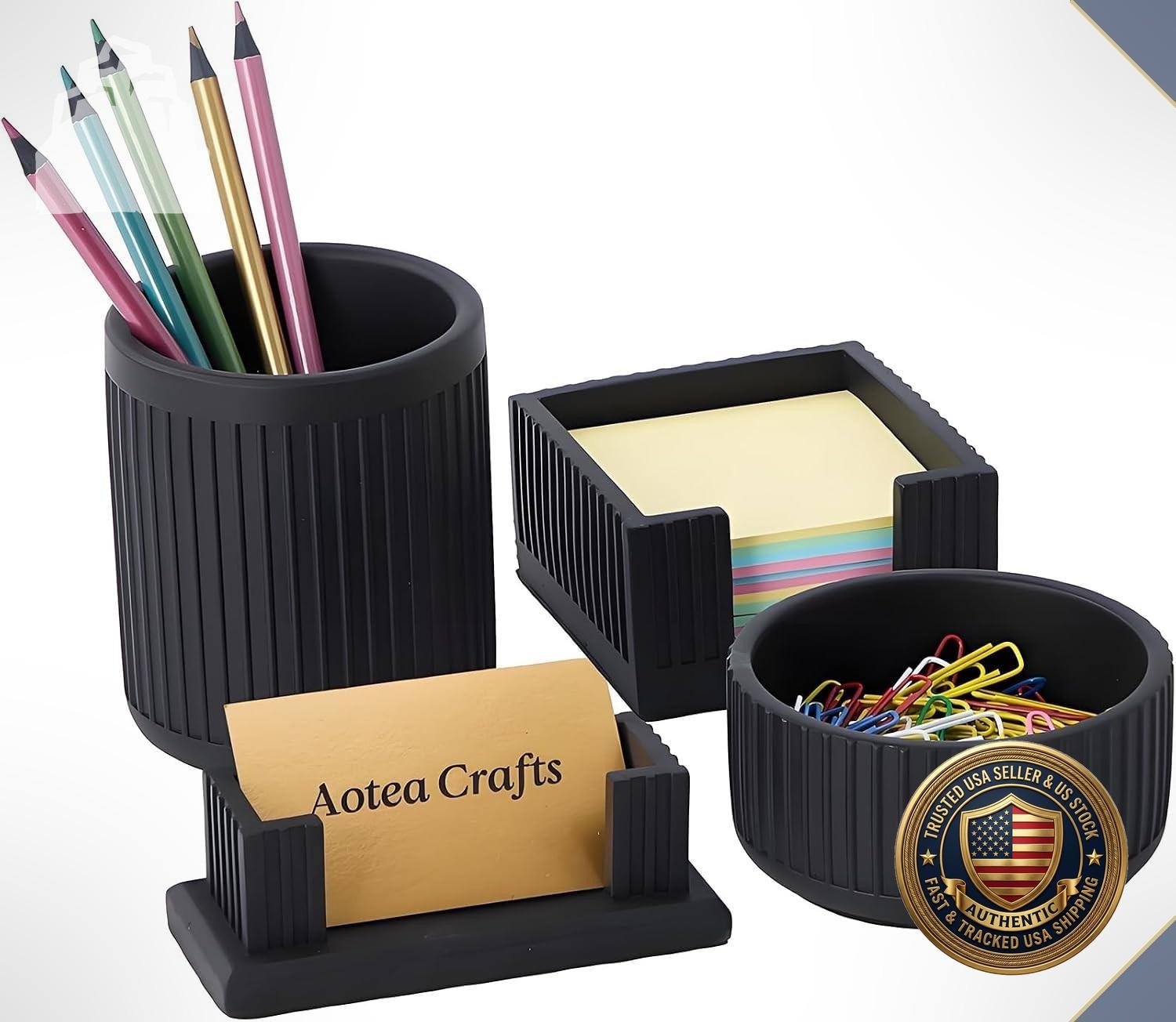 Concrete Desk Accessories Set 4-Piece Office Organizer Pen Card Holder