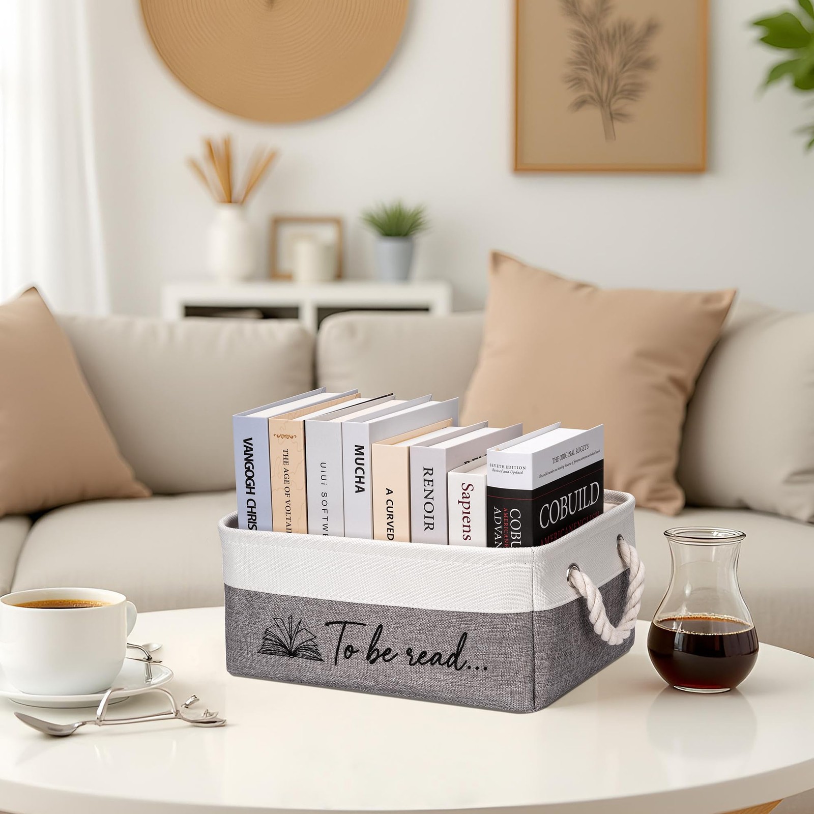 Book Storage Basket TBR Lover Gifts To Be Read Organizer Bin Handles Grey
