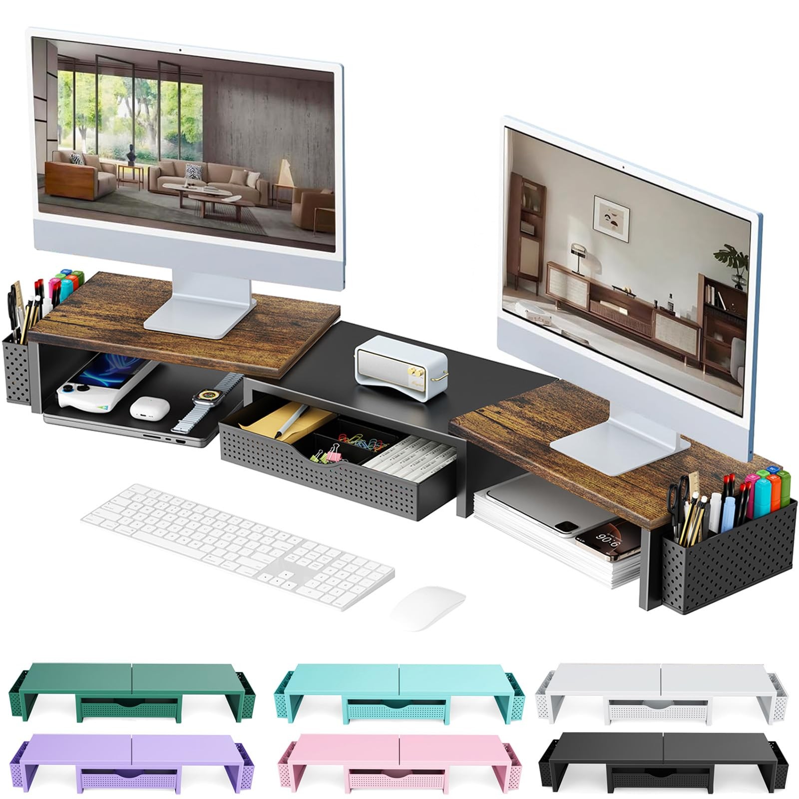 gianotter Dual Monitor Stand Riser, Desk Organizer With Drawer and 2 Pen Wood