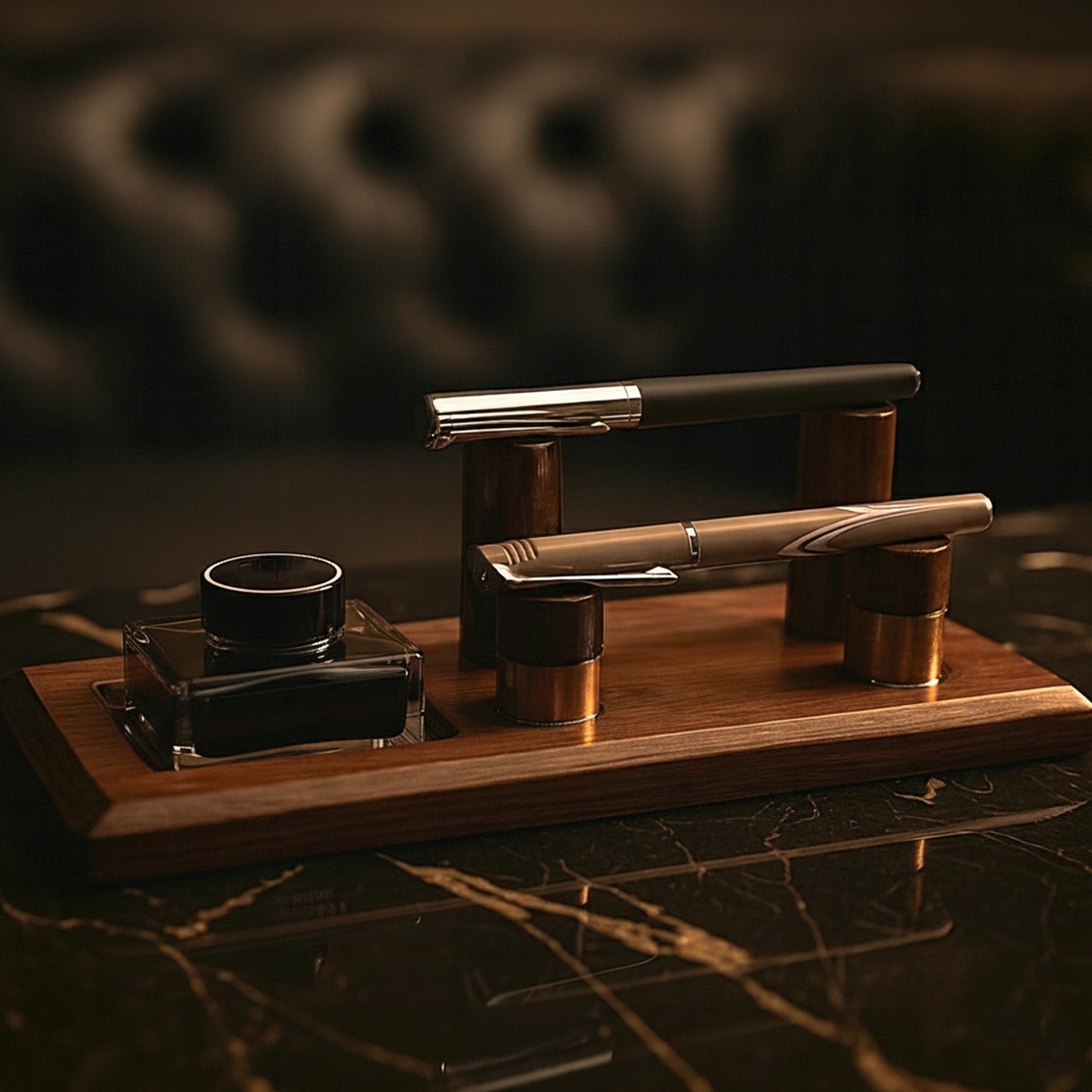Luxury Wooden Desk Pen Stand with Ink Bottle Holder – Premium Executive Offic…