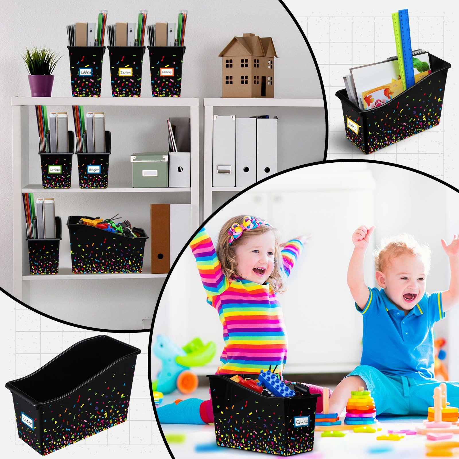 24 Pack Black Book Bins for Classroom Bulk Confetti Book and Binder Holders w…
