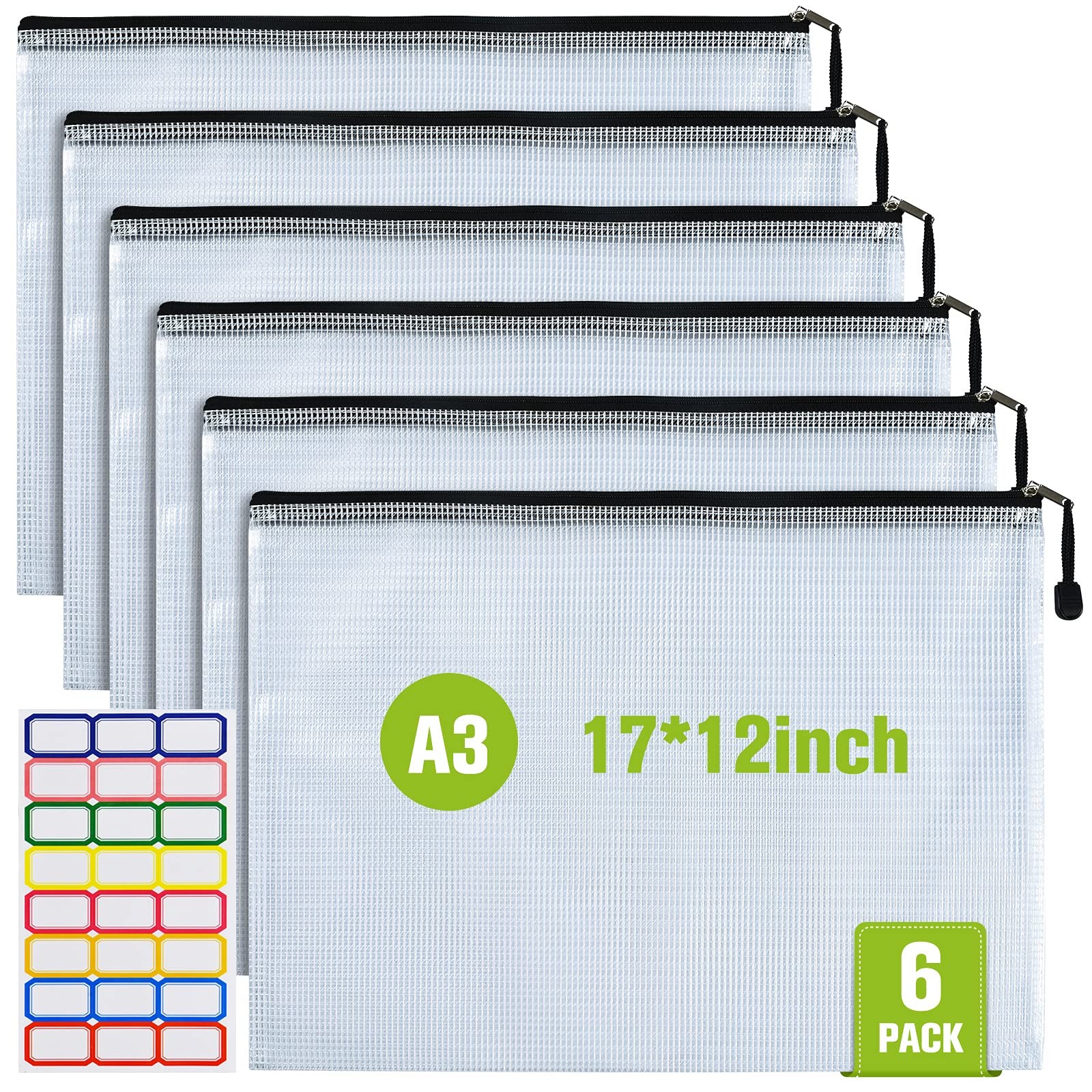 Mesh Zipper Pouch, 6PCS Waterproof Plastic Mesh Zipper Bag, A3 Size Tear-Resi…