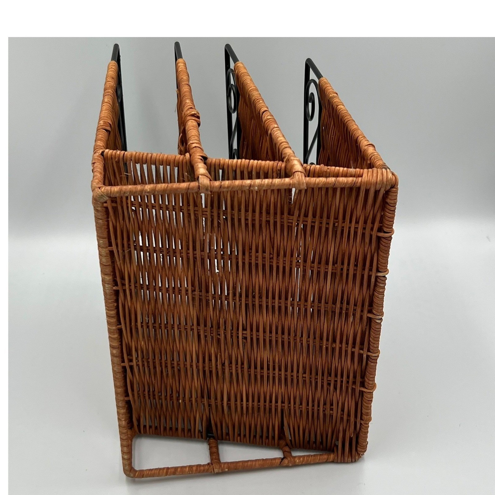 Woven Wicker Metal Scroll Letter Mail Organizer Brown Black Very Good 4-Slot