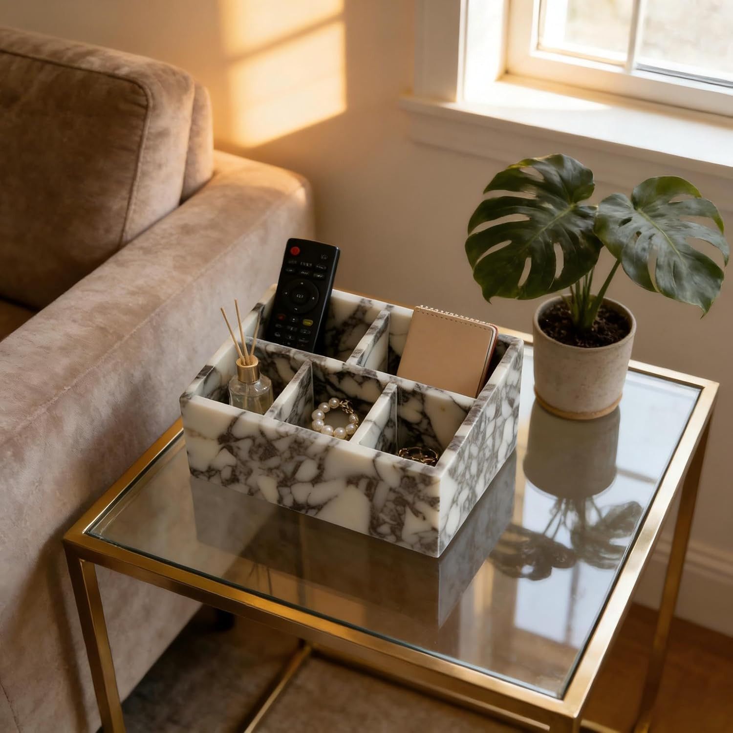 Elegant Marble Desk Organizer with 2 Compartments for Office & Makeup Storage