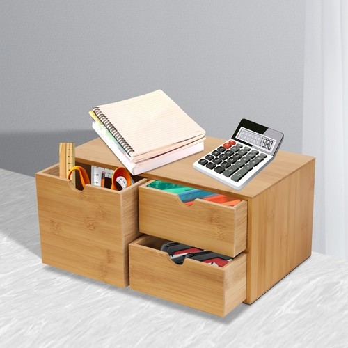 Desk Organizer Office Desktop Drawers Storage Bamboo Box Storage Recess Handle