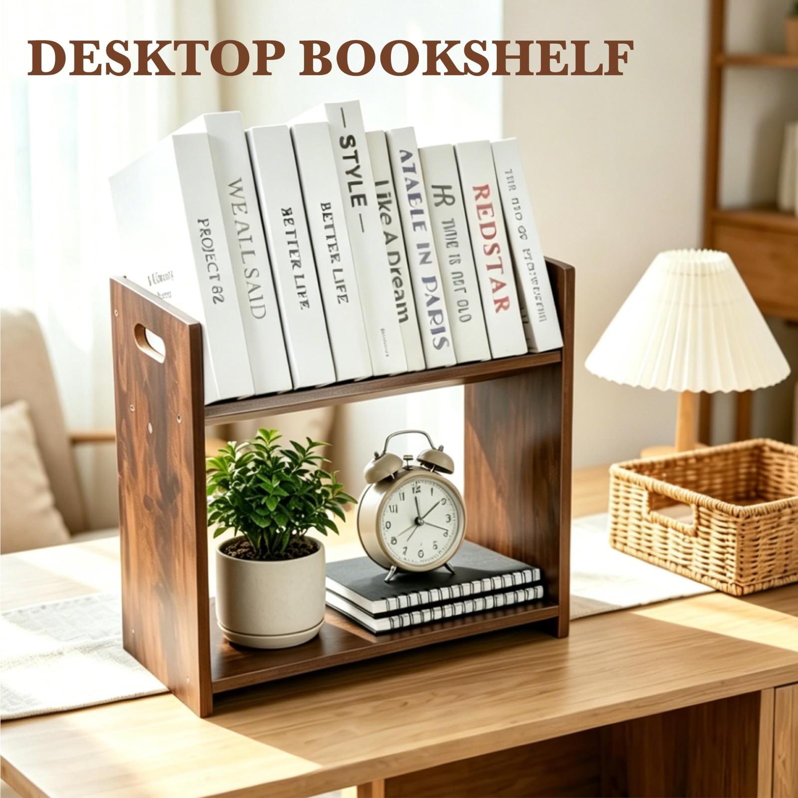 YUBAMIN Desktop Bookshelf, 2 Tier Desk Shelf Organizer, Wood Rustic Brown