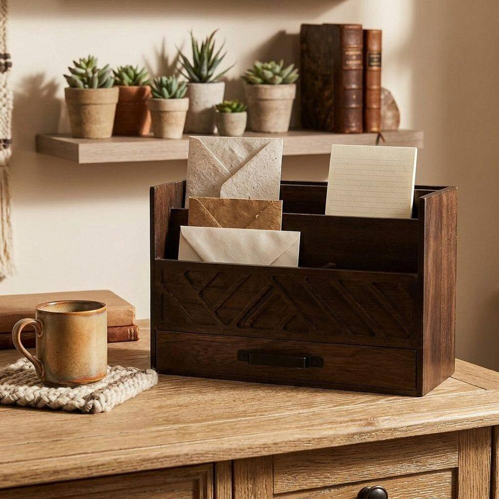 Brown 11.8 In. X 7.5 In. Wood Desk Organizers,Tabletop Organizer with Drawers