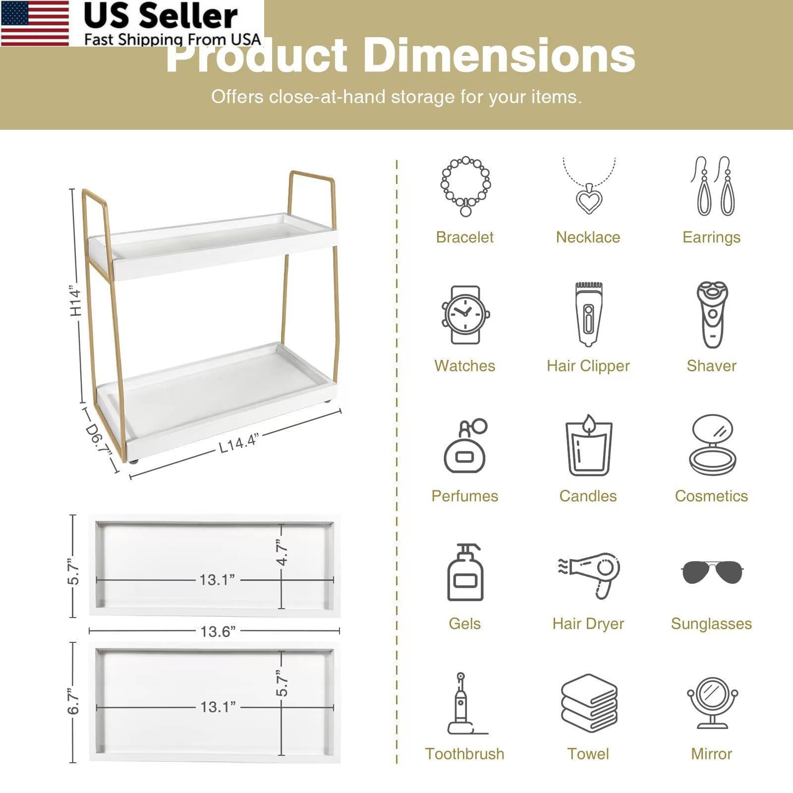 Forbena Bathroom Organizer 14.4 inches x 6.7 x 14 inches, White-gold