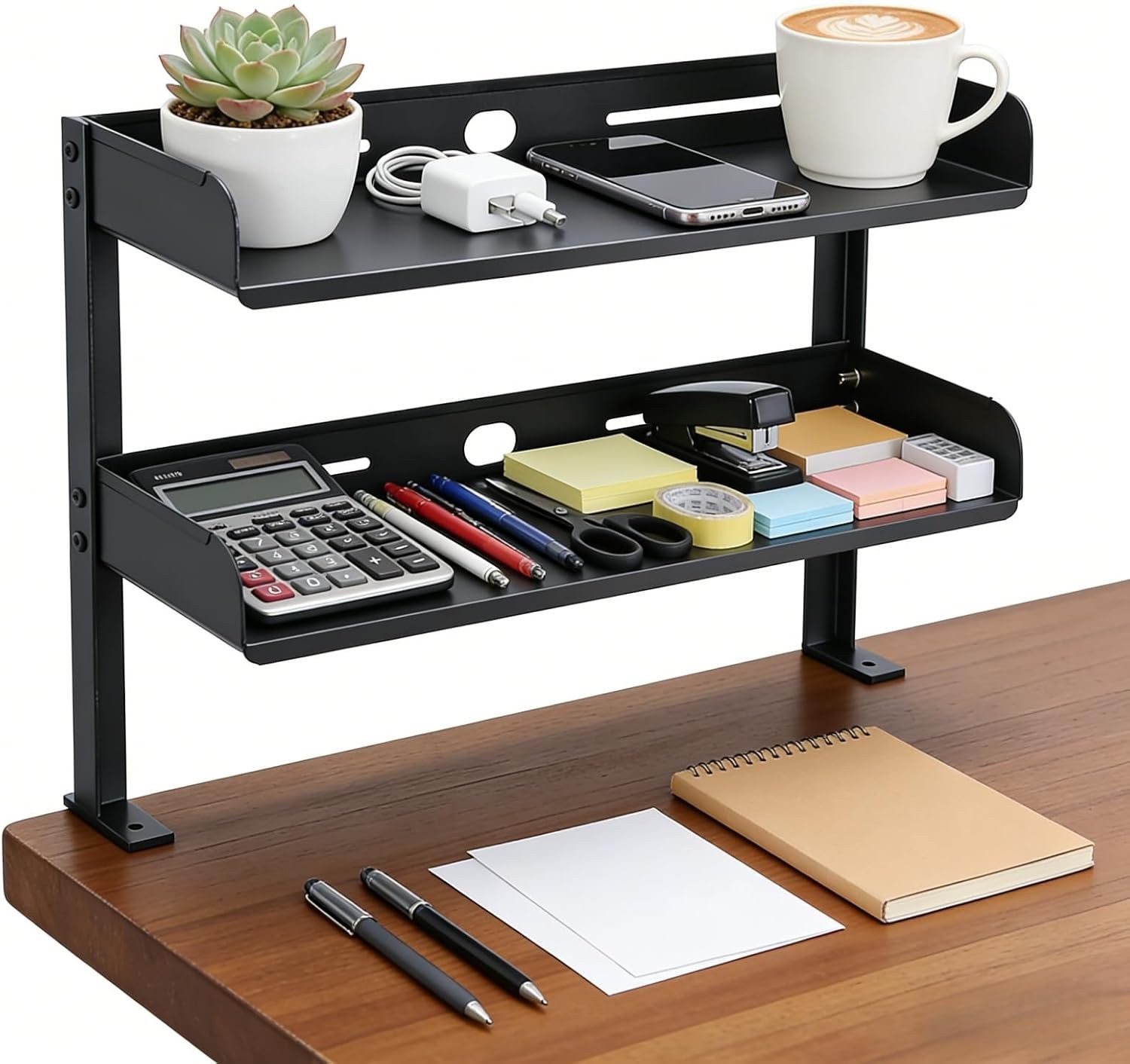 Desktop or Under-Desk Shelf Clamp-on 2-Tier Shelving W/ Adjustable Storage Tray