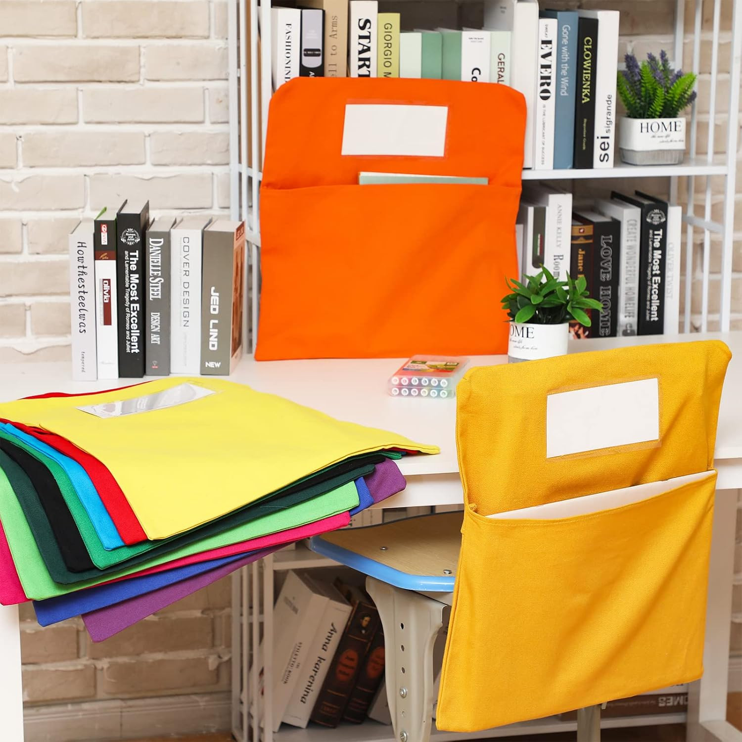 24 Pcs Classroom Chair Storage Pockets with Name Tags – Mixed Colors